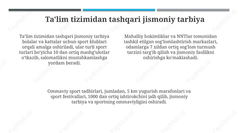 sog'lom turmush tarziga qiziqishni oshirish mumkin. jismoniy tarbiya va sport musobaqalari jismoniy tarbiya va sport musobaqalari o'quvchilarning jismoniy tayyorgarligini baholash uchun muhim, shu bilan birga sport turlari bo'yicha 1-, 2- va 3-darajali diplomlar beriladi. ommaviy sport musobaqalari jismoniy tarbiya orqali aholi salomatligini mustahkamlashga xizmat qiladi va ular 14 yoshdan kattalar o'rtasida o'tkazilib, har yili 30 dan ortiq tadbirlar rejalashtiriladi. maktab ichidagi musobaqalarga "quvnoq startlar" va "sog'lomjonlar" kiradi, ular o'quvchilarning jismoniy faolligini oshirishga qaratilgan hamda ularda 5-11 sinf o'quvchilari qatnashadi. jismoniy rivojlanishni baholash va monitoring qilish jismoniy rivojlanishni baholash va monitoring qilish natijalari maktabda 3 bosqichli tibbiy ko'rik va sport musobaqalari davomida olingan natijalar bilan solishtiriladi, bu esa aniqroq xulosa beradi. jismoniy rivojlanishni baholashda antropometrik o'lchovlar (bo'y, vazn, ko'krak aylanasi) va funksional testlar (yugurish, sakrash, tortilish) kabi 6-18 yoshdagi bolalar uchun standartlashtirilgan metodlar qo'llaniladi. monitoring jarayonida olingan ma'lumotlar bolaning jismoniy tayyorgarligini aniqlash, jismoniy rivojlanishning o'ziga xos xususiyatlarini baholash hamda individual ta'lim …