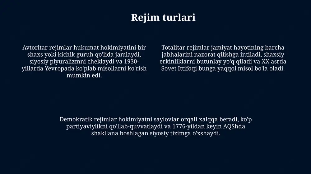 inlash va xalq ishonchini qozonishda muhim ahamiyatga ega. saylovlar demokratiyalarda fuqarolarga vakillarini tanlash imkoniyatini beradi, ko'pincha ko'pchilik ovoz olish yoki proporsional vakillik kabi turli xil saylov tizimlaridan foydalaniladi. saylovlar siyosiy rejim uchun qonuniylik manbai bo'lishi mumkin, ammo avtoritar rejimlar ularni manipulyatsiya qilishlari yoki cheklashlari mumkin, masalan, ovoz berish huquqini cheklash orqali. rejim barqarorligi va o'zgarishi rejim barqarorligi ijtimoiy-iqtisodiy omillar bilan bog'liq, masalan, yaim o'sishi 3-5%dan yuqori bo'lgan davlatlar siyosiy o'zgarishlarga kamroq moyil bo'ladi. rejim o'zgarishi ko'pincha elita bo'linishi va kuch ishlatish, ya'ni inqiloblar natijasida sodir bo'ladi; 1980-2020 yillarda 20 dan ortiq rejimlar shu yo'l bilan o'zgargan. rejim barqarorligini konstitutsiyaviy o'zgarishlar, masalan, prezidentlik muddatini uzaytirish orqali saqlab qolish mumkin, ammo bu barqarorlik uzoq muddatda 10-15 yilga yetishi mumkin. rejimning iqtisodiy rivojlanishga ta'siri ba'zi rejimlar o'zlarining iqtisodiy siyosatini erkinlashtirib, xususiy mulkni himoya qilib, yalpi ichki mahsulotning 5-10% gacha o'sishini ta'minlashi mumkin. avtoritar rejimlar resurslarni nazorat qilib, strategik sohalarga yo'naltirish orqali iqtisodiy rivojlanishni …