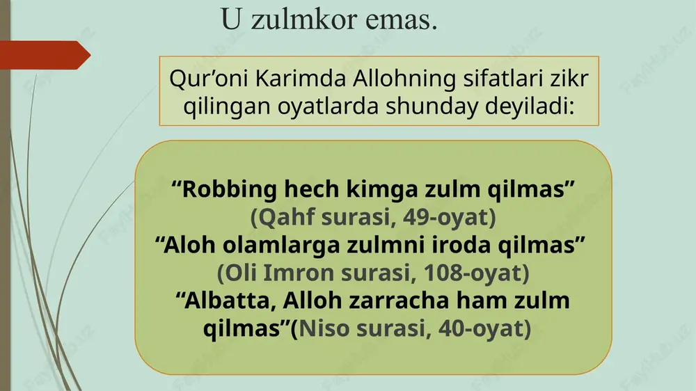 damlar- qadimgilar,hozirgilar,sahrodagilar, shahardagilar,hatto eng chekka joylarda yashaydigonlar ham o’zida ilhomga o’xshash sezgi borligini biladilar. sezgi aytadiki, dunyodagi hayotdan so’ng yana boshqa hayot bo’ladi. alloh insonni aqlli qilib, barkamol va ko’pgina narsalarga tayyor qilib, koinot sirlarini ochishga qodir qilib yaratdi. shunday oliy martabaga ega bo’lgan inson boshqa aqlsiz, idroksiz, iste’dodsiz hayvonlar kabi holga tushib qolishi to’g’ri emas. balki to’g’ri yo’l shuki, inson bu dunyodagi hayotdan so’ng yana qayta tirilib, o’z amallarining samarasidan bahramand bo’lishi kerak. agar alloh taolo insonga turli qobiliyatlarni berib qo’yib, so’ngra beparvo tashlab qo’ysa, bu ish behikmat bo’lib, adolatdan ham uzoq bo’lgan bo’lur. farishtalarga iymon. islom musulmonlarni farishtalarga iymon keltirishga chaqiradi. bu iymon ruhiy hayotning asosidir. bunday hayot esa kishilarni faqat yaxshilikka undaydi. bundan maqsad, insonni kamolot cho'qqisiga olib chiqishdir. shuning uchun ham farishtalarga iymon keltirish islom dinining asoslaridan biridir. qur'on inson tuproqdan, jinlar o'tdan yaratilganini aytib o'tgan. lekin farishtalar nimadan yaratilganini payg'ambarimiz o'z hadislarida «farishtalar nurdan yaratilgandur», …