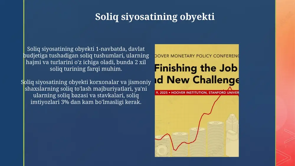 l stimullarni maqsadli ravishda yo'naltirish, soliq imtiyozlarini 20% ga kamaytirish va ularning samaradorligini baholashni o'z ichiga oladi. qqs stavkasini 12% ga tushirish orqali biznes uchun soliq yukini kamaytirish va qo'shimcha qiymat zanjirida hisobga olish mexanizmlarini takomillashtirish taklif etiladi. savol-javoblar soliq siyosati bo'yicha savol-javoblar, masalan, qqs stavkalari (15%) va ularning iqtisodiy o'sishga ta'siri, muhim tushuntirishlarni talab qilishi mumkin. savol-javoblar jarayonida soliq imtiyozlari (masalan, kichik biznes uchun) va ularning byudjet daromadlariga ta'siri batafsil tahlil qilinishi zarur. adabiyotlar ro'yxati adabiyotlar ro'yxati soliq qonunchiligi, soliq nazariyasi va amaliyotiga oid 10 dan ortiq ilmiy maqola va kitoblarni o'z ichiga olishi kerak, masalan, milliy soliq siyosati konsepsiyasi. ro'yxatda o'zbekiston respublikasi prezidentining soliq sohasidagi farmonlari va qarorlari, vazirlar mahkamasining 5 tadan kam bo'lmagan tegishli hujjatlari keltirilishi zarur. e'tiboringiz uchun rahmat image4.jpg image5.jpg image6.jpg image7.jpg image8.jpg image9.jpg image10.jpg image11.jpg image12.png image13.jpg image14.jpg image15.jpg image16.jpg image17.jpg image18.jpg image19.jpg image2.png image3.png misesnotesfront2.indd