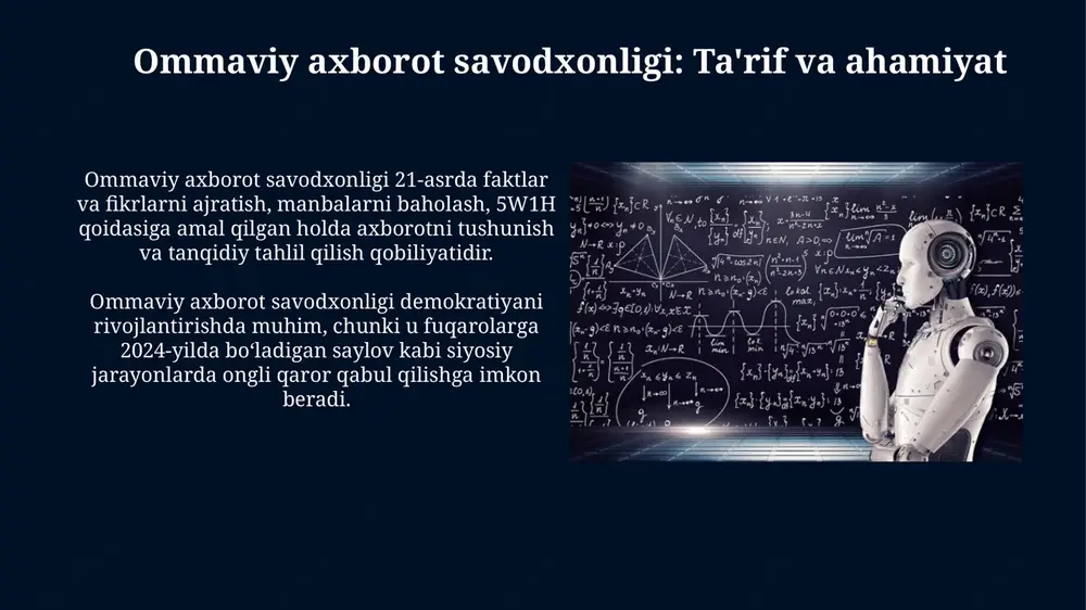choralari. soxta yangiliklar, chuqur soxtalar kabi ai generatsiya qilgan kontentning xavfi yuqori. ommaviy axborot savodxonligi vositalari orqali fuqarolarni himoya qilish juda muhim va shu orqali barqarorlikka erishiladi. tavsiyalar jamiyatda sun'iy intellekt asboblaridan foydalanishni rag'batlantirish uchun raqamli savodxonlikni kuchaytirish bo'yicha erta ta'lim dasturlari 1-bosqichdan boshlab joriy etish kerak. fuqarolarni soxta yangiliklarni aniqlashga o'rgatish, faktlarni tekshirish ko'nikmalarini rivojlantirish va sun'iy intellekt tomonidan yaratilgan kontentni tanqidiy baholash muhim vazifa hisoblanadi. bu 2-bosqichdan o'tkazilishi darkor. e'tiboringiz uchun rahmat image5.png image6.jpg image7.jpg image8.jpg image9.jpg image10.jpg image11.jpg image12.jpg image13.jpg image14.jpg image15.jpg image16.jpg image1.jpeg