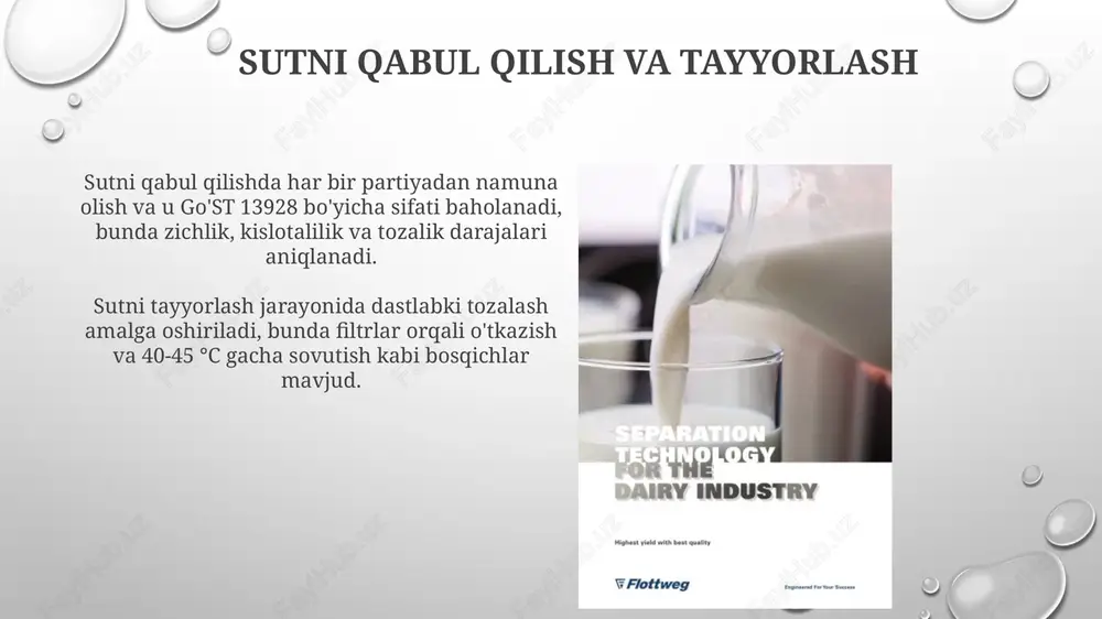 a chiqindi suvlarni tozalash muammolari atrof-muhitga ta'sir ko'rsatadi, bu global isishga 18% hissa qo'shadi. sutni qayta ishlash zavodlaridan chiqadigan biologik kislorodga bo'lgan ehtiyoj (bod) va kimyoviy kislorodga bo'lgan ehtiyoj (cod) ko'rsatkichlari suv havzalarining ifloslanishiga olib keladi. innovatsiyalar va kelajak tendentsiyalari kelajakda sut mahsulotlarida 3d bosib chiqarish texnologiyasi keng qo'llanilishi mumkin, bu esa individual ehtiyojlarga moslashtirilgan mahsulotlar yaratish imkonini beradi, masalan, 10% kam yog'li pishloq. sut sanoatida genetik modifikatsiyalangan mikroorganizmlar yordamida laktozasiz mahsulotlar ishlab chiqarish texnologiyalari 2.0 yanada rivojlanib, mahsulot sifatini 15% yaxshilaydi. iqtisodiy jihatlar va bozor tahlili global sut bozori 2023-yilda 827,4 milliard aqsh dollariga baholandi va 2032-yilga kelib 1,2 trillion dollarga yetishi kutilmoqda, yillik o'sish sur'ati 3,8% ni tashkil qiladi. sut mahsulotlarining iste'moli daromad darajasi, aholi soni va turmush tarzi kabi omillarga bog'liq, rivojlanayotgan mamlakatlarda esa ularning narxlari asosiy rol o'ynaydi. e'tiboringiz uchun rahmat image3.png image4.jpg image5.jpg image6.jpg image7.png image8.jpg image9.jpg image10.jpg image11.png image12.jpg image13.jpg image14.png image15.png image16.png image17.jpg …