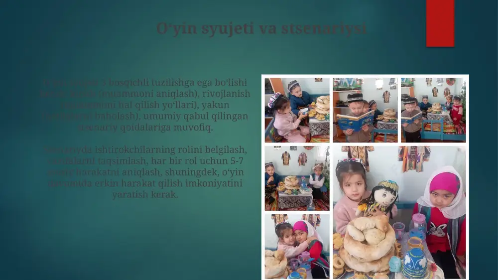 rdam beradi, shuningdek, oʻquvchilarning aktivligini oshiradi va mavzuga qiziqishini uygʻotadi. integratsiya uchun 5-7 ta asosiy oʻquv maqsadlarini aniqlash kerak, ularga oʻyinning har bir elementi xizmat qiladi, masalan, 3-sinf matematika darsida. turli yoshdagi va bilim darajasidagi oʻquvchilar uchun moslashuv yosh guruhlariga moslashuv uchun qahramonlik darajalari joriy etiladi: 1-4 sinflar uchun sodda topshiriqlar, 5-9 sinflar uchun murakkabroq vazifalar va 10-11 sinflar uchun tanqidiy tahlil elementlari. bilim darajalariga moslashuv uchun differensiallashgan resurslar qo'llaniladi: bazaviy tushunchalar uchun oddiy qo'llanmalar, ilg'or bilimlar uchun qo'shimcha materiallar va ekspertlar uchun tadqiqot loyihalari. oʻyinning afzalliklari va kamchiliklari afzallik: 1-dan 100-gacha boʻlgan miqyosda baholashda oʻyinlar motivatsiyani 75% gacha oshirishi mumkin, bu esa qiziqish va ishtirokni kuchaytiradi, ayniqsa mavzuga qiziqishi kam boʻlganlarda. kamchilik: 25 dan ortiq ishtirokchi boʻlgan guruhlarda oʻyinlarni tashkil etish logistik qiyinchiliklarni keltirib chiqarishi mumkin, chunki resurslar va vaqt cheklanganligi sababli har bir ishtirokchiga eʼtibor kamayadi. e'tiboringiz uchun rahmat image6.jpg image7.jpg image8.jpg image9.jpg image10.jpg image11.jpg image12.jpg image13.jpg image14.jpg …