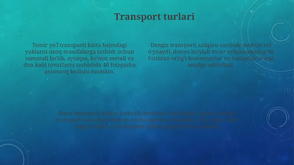 esa zanjir ko'rinishini yaxshilaydi va yo'qotishlarni kamaytiradi. blokcheyn texnologiyasi yuklarni kuzatishda xavfsizlikni oshiradi, ma'lumotlarni o'zgartirishning oldini oladi va har bir tranzaktsiyani 0.5 soniyada qayd etib, shaffoflikni ta'minlaydi. transport hujjatlari, masalan, yuk xati (cmr), sotuvchi, xaridor va tashuvchi o'rtasidagi shartnoma bo'lib, 10 ta muhim ma'lumotni, jumladan, og'irlik, hajmni o'z ichiga oladi. bojxona tartib-qoidalari va xalqaro transport xalqaro transportda bojxona tartib-qoidalariga rioya qilmaslik, masalan, noto'g'ri hs kodlari yoki noto'g'ri deklaratsiya, tovarning qiymatiga 5% dan 20% gacha jarima solinishiga olib kelishi mumkin. bojxona tartib-qoidalarida 9901 hs kodi bo'yicha tovarlarni deklaratsiyalashda, bojxona to'lovlari stavkalari import qiymatining 0% dan 30% gacha farq qilishi mumkin. bu xalqaro transport xarajatlariga sezilarli ta'sir ko'rsatadi. xalqaro transportda incoterms 2020 shartlariga (masalan, cif, fob) rioya qilish muhim. ular xaridor va sotuvchi o'rtasida xavf va xarajatlarning 2 tomonlama taqsimlanishini belgilaydi hamda bojxona rasmiylashtiruvini soddalashtiradi. logistik xizmat ko'rsatuvchi provayderlar 3pl provayderlari omborxona, transport va ma'lumotlarni boshqarish kabi logistika funktsiyalarini autsors qilish imkonini …