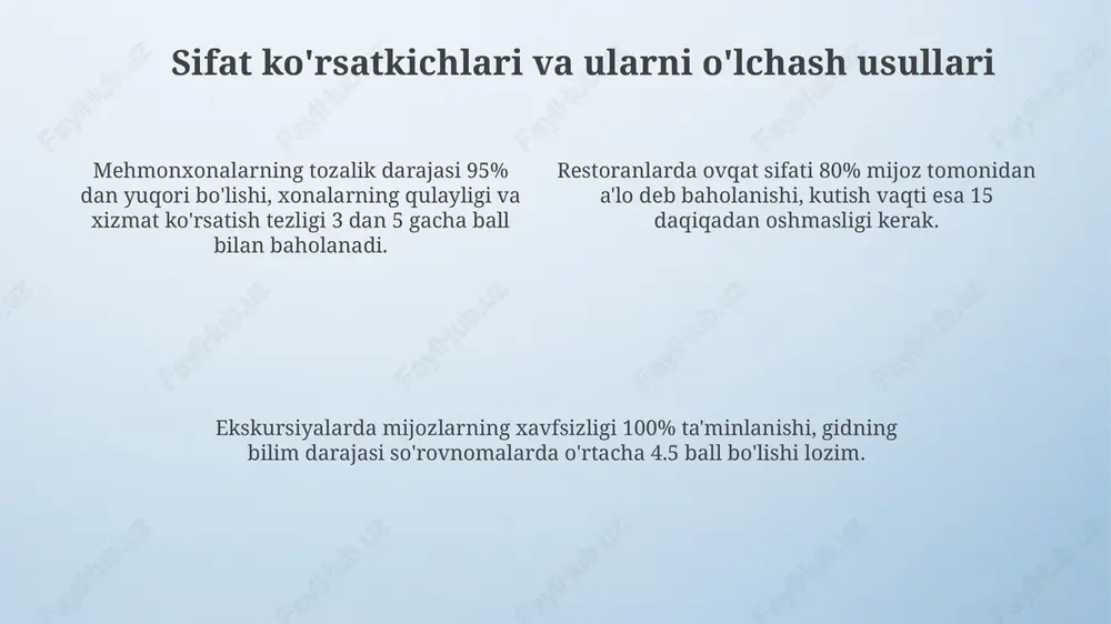 ng noroziligiga olib kelganligini ko'rsatadi. mahalliy hamjamiyatning sifatni ta'minlashdagi roli mahalliy hamjamiyat ekoturizmda 15% gacha resurslarni boshqarishda va atrof-muhitni muhofaza qilishda ishtirok etib, turizmning barqaror rivojlanishini ta'minlashga hissa qo'shadi. mahalliy hamjamiyat 30% gacha xizmat sifatini oshirish uchun madaniy merosni saqlashda bevosita ishtirok etadi, an'anaviy hunarmandchilik va urf-odatlarni turistlarga namoyish etadi. mahalliy aholi 25% dan ortiq turizm korxonalariga ishchi kuchi bilan ta'minlaydi va turistik mahsulot sifatini nazorat qilishda muhim rol o'ynaydi, fikr-mulohazalar beradi. sifatni nazorat qilish, tahlil qilish va takomillashtirish sifat nazoratida 7 bosqichli takomillashtirish tsikli (rejalashtirish, bajarish, tekshirish, harakat qilish) orqali doimiy ravishda kamchiliklarni aniqlash va bartaraf etish, standartlarga muvofiqligini oshirish lozim. ma'lumotlarni tahlil qilishda 5 o'lchovli servqual modeli (ishonchlilik, sezgirlik, ishonchlilik, empatiya, ko'rinish) natijalari orqali xizmat ko'rsatish sifatini aniqlash va takomillashtirish uchun swot tahlilini o'tkazish muhim. takomillashtirish uchun benchmarking usulidan foydalanish, sohadagi eng yaxshi 3 kompaniya tajribasini o'rganish va ularning ko'rsatkichlariga erishishga qaratilgan aniq maqsadlar qo'yish samarali hisoblanadi. e'tiboringiz …