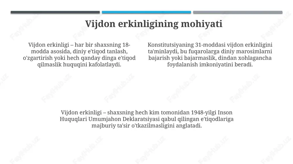 mkoniyatini beradi. inson huquqlari bo'yicha milliy markaz va ombudsmanning roli shikoyatlarni ko'rib chiqish va huquqlarni ta'minlashda muhim ahamiyatga ega. vijdon va e'tiqod erkinligining ahamiyati vijdon va e'tiqod erkinligi qonun ustuvorligini 4 barobar mustahkamlaydi, bu esa jamiyatda 2 xil ekstremizm va radikalizm ko'rinishlarining oldini olib, barqarorlikni ta'minlashga yordam beradi. vijdon erkinligi shaxsning 100% mustaqil fikrlashiga imkon beradi, bu esa jamiyatning intellektual va ma'naviy rivojlanishiga 2 karra hissa qo'shib, yangi g'oyalarni shakllantiradi. e'tiqod erkinligi insonlarning 7 dan 70 gacha bo'lgan barcha yoshdagi huquqlarini himoya qiladi, bu esa ularning ma'naviy qadriyatlarini saqlash va 3,5 milliard din vakillarining o'zaro hurmatiga asoslanadi. xulosa xulosa shuni ko'rsatadiki, vijdon erkinligi 18-modda bilan himoyalangan bo'lib, shaxsning dini yoki e'tiqodini tanlash va amalda ko'rsatish huquqini kafolatlaydi. vijdon erkinligi, 1948-yildagi inson huquqlari umumjahon deklaratsiyasi va boshqa xalqaro hujjatlarda mustahkamlab qo'yilgan, tolerantlik va hurmatga asoslangan jamiyat uchun zarurdir. konstitutsiyaviy kafolatlar va tegishli qonunchilikka qaramay, vijdon erkinligini ro'yobga chiqarishda, ayniqsa, diniy ozchiliklar …
