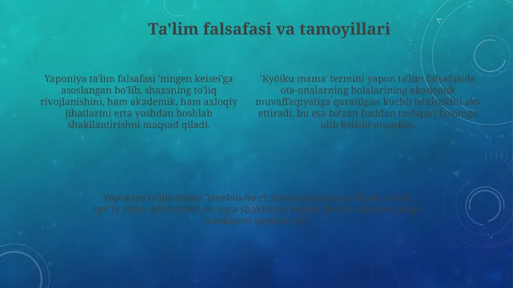 alashga harakat qilmoqda. ko'pgina yapon talabalari chet tillarini, xususan ingliz tilini o'rganish uchun juku, ya'ni xususiy repetitorlik markazlariga borishadi, bunda qo'shimcha 1-3 soat sarflanadi. ta'limdagi innovatsiyalar va texnologiyalar virtual reallik (vr) va sun'iy intellekt (ai) sinflarda qo'llanilishi tajriba bosqichida, bu texnologiyalar ta'lim sifati oshishiga yordam berishi kutilmoqda. ta'limda ict (axborot-kommunikatsiya texnologiyalari) integratsiyasi 2020-yildan boshlab tezlashdi, lekin infrastruktura va o'qituvchilarning tayyorgarligi masalalari haligacha dolzarb bo'lib qolmoqda. robototexnika va dasturlash bo'yicha darslar steam (fan, texnologiya, muhandislik, san'at, matematika) yondashuvida joriy etilmoqda, lekin tengsizlik sababli hamma maktablarda emas. demografik o'zgarishlar va ta'sir yaponiya aholisining tez qarishi va tug'ilish darajasining pastligi maktablar uchun qabul qilish yoshidagi bolalar sonining kamayishiga olib keldi, bu esa maktablarning birlashishi va yopilishiga olib keldi. demografik o'zgarishlar tufayli, ayniqsa qishloq joylarda talabalar sonining kamayishi o'qituvchilarning ish bilan ta'minlanishiga ta'sir qiladi va hududiy ta'limdagi tengsizlikni kuchaytiradi. ishchi kuchi tarkibida aholining qarishi chet ellik ishchilarga ko'proq e'tibor qaratishga olib keldi, bu esa …