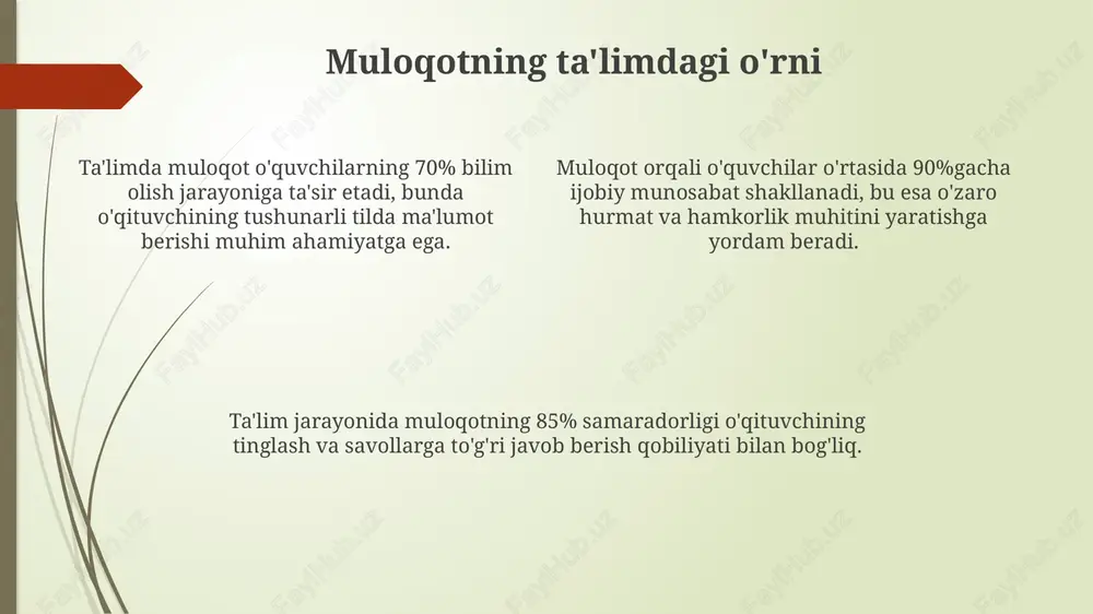 'quv jarayoniga salbiy ta'sir ko'rsatadi. muloqotda noto'g'ri talqinlar, xususan, o'quvchilarning 10-20% da yuzaga kelishi mumkin, bu esa dars materiallarini tushunishda qiyinchiliklarga olib keladi va o'zlashtirish darajasini pasaytiradi. pedagogik muloqotda empatiya yetishmasligi (30% gacha holatlarda) o'quvchilarning hissiy holatini noto'g'ri baholashga olib kelishi mumkin, natijada o'zaro ishonch yo'qoladi. muloqotni rivojlantirish strategiyalari faol tinglash qobiliyatlarini rivojlantirish uchun "10-2" qoidasidan foydalaning: 10 daqiqa tinglang va keyin fikr bildiring. bu xabarni to'liq tushunishga yordam beradi. empatiya mashqlarini o'tkazing, ya'ni o'zingizni boshqa odamning o'rniga qo'ying. bu noverbal signallarni tushunish va samarali muloqot qilishga yordam beradi. muloqotda texnologiyalardan unumli foydalanish uchun, turli platformalarda (email, messenjerlar) samarali yozma muloqot qoidalariga rioya qiling va virtual uchrashuvlarda aktiv ishtirok eting. amaliy mashg'ulotlar/misollar "o'quvchi-o'qituvchi" rolini o'ynashda 10 daqiqa davomida bahsli mavzuni muhokama qiling, bunda tinglash va fikr bildirish ko'nikmalariga e'tibor qarating. boshqaruv va noverbal aloqani tahlil qiling. "ota-ona bilan uchrashuv" simulyatsiyasida o'quvchining o'zlashtirishi bo'yicha xavotir bildirayotgan ota-onani tinglang va tushuntiring. empatiya …
