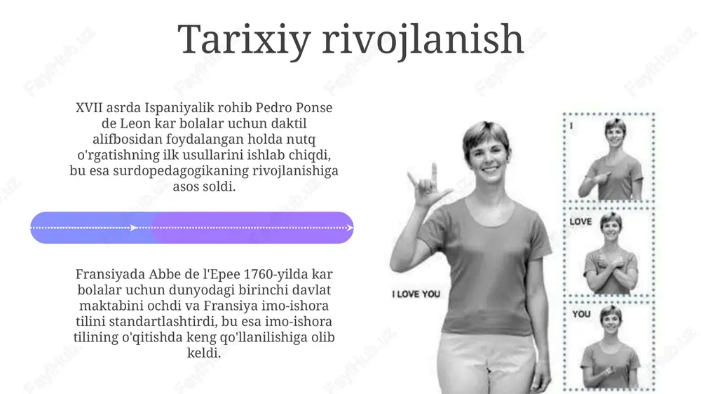 i asosida daktil va imo-ishora tili standartlashtirish bo'yicha 5 yillik strategiya ishlab chiqish zarur. surdopedagogik tadqiqotlar 21-asrda daktil va imo-ishora tillarini integratsiya qilishda o'quv metodlarini takomillashtirish bo'yicha yangi tendensiyalarni aniqlashga yo'naltirilishi lozim. savol-javoblar savol-javoblar sessiyasida daktil va imo-ishora tillarining 5 asosiy klassifikatsiyasini, jumladan, morfologik va sintaktik turlarini chuqur o'rganish imkoniyati mavjud. o'qituvchilar tayyorlashda 3 ta asosiy muammoni - malaka oshirish, standartlashtirish va maxsus resurslar yetishmasligini savol-javob orqali hal etish mumkin. foydalanilgan adabiyotlar adabiyotlar ro'yxati surdopedagogika sohasidagi 20 dan ortiq xorijiy manbalarni, shu jumladan daktil va imo-ishora tillari bo'yicha 5 ta asosiy tadqiqotni o'z ichiga oladi. foydalanilgan adabiyotlar orasida 10 dan ortiq ilmiy maqolalar, darsliklar va qo'llanmalar mavjud bo'lib, ularning 3 tasi inkluziv ta'limga bag'ishlangan va 7 tasi metodika masalalarini yoritadi. e'tiboringiz uchun rahmat image4.jpg image5.jpg image6.jpg image7.jpg image8.jpg image9.jpg image10.jpg image11.jpg image12.jpg image13.jpg image14.jpg image15.jpg image16.jpg image17.jpg image18.jpg image19.jpg image20.jpg image1.jpeg image2.jpeg image3.jpeg