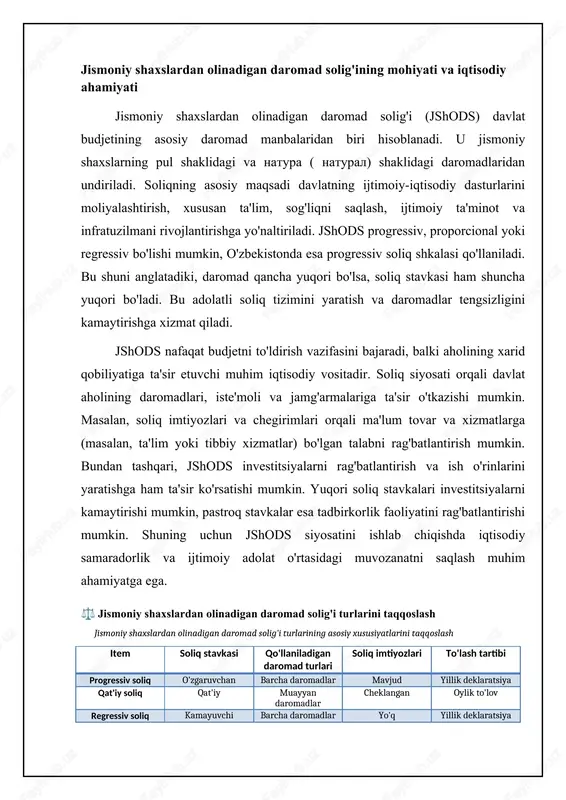 qoidalari. soliq stavkalari daromad turlariga qarab farqlanadi, progressiv yoki proporsional bo'lishi mumkin. o'zbekistonda asosan proporsional stavka qo'llaniladi. soliq yukini aniqlash, soliq imtiyozlarini qo'llash imkoniyatlari. soliq imtiyozlari soliq to'lovchilarga soliq to'lashdan qisman yoki to'liq ozod qilish. nogironlar, kam ta'minlangan oilalar, ta'lim va tibbiyot xarajatlari bo'yicha imtiyozlar mavjud. soliq to'lovchilar uchun ijtimoiy himoya, soliq yukini kamaytirish. yillik daromad deklaratsiyasi jismoniy shaxslarning o'tgan yilgi daromadlari va to'langan soliqlar haqidagi hisoboti. soliq organlariga topshirish muddati va tartibi, to'g'ri to'ldirish qoidalari. jshods obyekti va soliq bazasi jshods obyekti - bu jismoniy shaxs tomonidan olingan daromadlardir. soliq solinadigan daromadlar tarkibiga ish haqi, mukofotlar, dividendlar, foizlar, ijara to'lovlari, mulkni sotishdan olingan daromadlar va boshqa pul shaklidagi va natura shaklidagi daromadlar kiradi. ammo barcha daromadlar ham soliq solinadigan daromad hisoblanmaydi. soliq kodeksida soliqdan ozod qilingan daromadlar ro'yxati keltirilgan. masalan, davlat pensiyalari, stipendiyalar, ma'lum toifadagi ijtimoiy to'lovlar va boshqa daromadlar soliq solinmaydigan daromadlar hisoblanadi. soliq solinadigan daromadlar ro'yxati va …