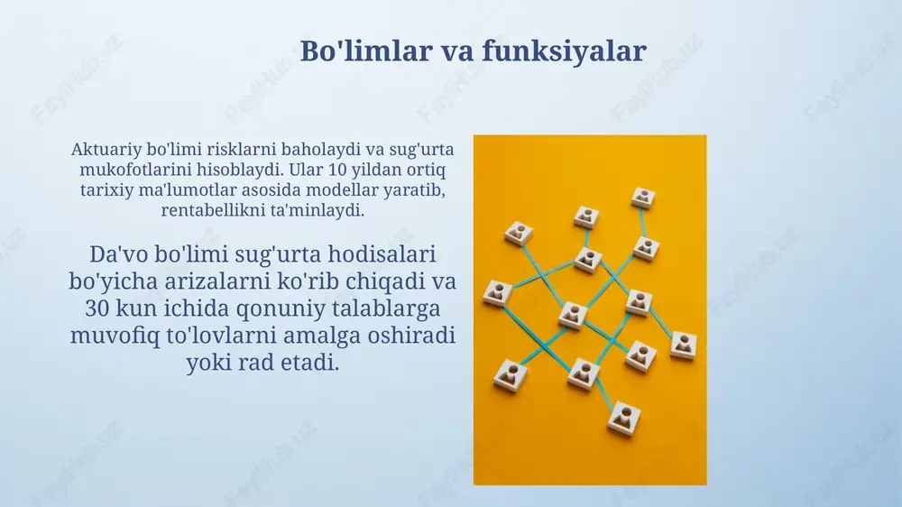 lashtirish sug'urta kompaniyalari bo'limlararo hamkorlikni rag'batlantirish uchun muntazam ravishda uchrashuvlar o'tkazadi, bunda har bir bo'lim o'zining 1-chorakdagi natijalari va kelgusi maqsadlarini taqdim etadi. muammolarni samarali hal qilish uchun funktsional bo'limlar o'rtasida o'zaro bog'liqlikni ta'minlashda, masalan, da'volar bo'limi va aktuar bo'limi o'rtasida 2 tomonlama aloqa muhim rol o'ynaydi. o'zgarishlarga moslashuvchanlik o'zgarishlarga moslashuvchanlik uchun kompaniya doimiy ravishda texnologik yangiliklarni, masalan, sun'iy intellekt va katta ma'lumotlarni tahlil qilishni joriy etishi kerak, bu 20% samaradorlikni oshirishi mumkin. sug'urta kompaniyasining moslashuvchanligi xodimlar malakasini oshirish dasturlari orqali ta'minlanadi, bunda har bir xodim yiliga kamida 40 soat trening o'tashi kerak, bu mijozlarga xizmat ko'rsatish sifatini yaxshilaydi. tuzilmaning samaradorligi bahosi tuzilmaning samaradorligini baholash uchun xarajatlar nisbati (masalan, 70% dan kam bo'lishi kerak) va da'volarni hal qilish tezligi (95% dan yuqori) kabi moliyaviy ko'rsatkichlardan foydalaniladi. mijozlarning qoniqish darajasi (5 ballik shkala bo'yicha 4.5 dan yuqori), xodimlarning jalb qilinganlik darajasi (80% dan yuqori) kabi nomoliyaviy o'lchovlar ham muhim ahamiyatga ega. …