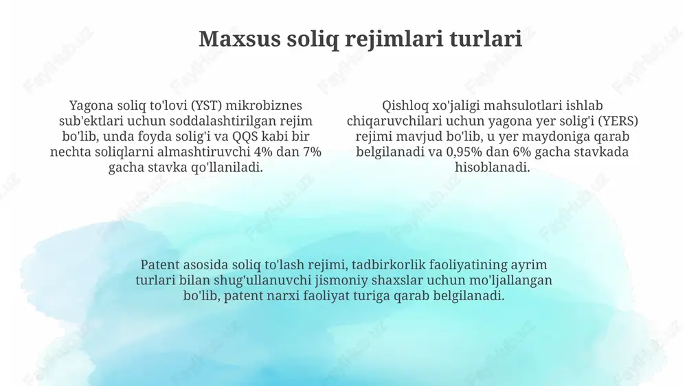 atsiyalar va qonunda belgilangan boshqa imtiyozlar. nol stavka (0%) eksport qilinadigan tovarlar va xizmatlarga, shuningdek, xalqaro tashkilotlar bilan tuzilgan shartnomalarda nazarda tutilgan holatlarga qo'llaniladi. qqs bo'yicha soliq bazasi agar tovarlarni ayirboshlash shartnomasi boʻyicha topshirishda soliq bazasi topshirilgan tovarlar (ishlar, xizmatlar) narxiga muvofiq aniqlanadi, lekin unday boʻlmasa bozor narxlari hisobga olinadi. qqs boʻyicha soliq bazasi tovarlar (ishlar, xizmatlar) qiymatidan kelib chiqadi, lekin aksiz soligʻi va qqsni oʻz ichiga olmaydi; importda esa bojxona qiymatiga bojlar qoʻshiladi. tovarlarni tekin berishda yoki boshqa shaxslarga sotish narxidan past narxlarda sotishda soliq bazasi xuddi shunday tovarlarning bozor qiymatiga asoslanadi. qqsni hisoblash va to'lash tartibi qqs soliq bazasi, odatda, tovarlar (ishlar, xizmatlar) realizatsiya qilishdan olingan aylanmadan kelib chiqadi, bunda qqs summasi ushbu bazaga nisbatan qo'llaniladigan stavka (masalan, 15%) orqali hisoblanadi. qqsni to'lash har oyda amalga oshiriladi, hisobot davri tugaganidan keyin 25 kundan kechiktirmay. soliq hisobotlari soliq organlariga elektron shaklda topshiriladi va to'lovlar bank orqali amalga oshiriladi. qqsni …