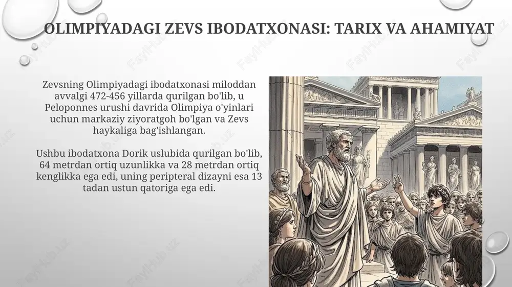 asarlari bo'yicha ta'lim sayohatlari gretsiyaning qadimiy tarixini 776 bc dan 393 ad gacha bo'lgan davrni o'rganish imkonini beradi. ushbu joylarga tashrif buyurish orqali sayyohlar qadimgi yunon san'ati, arxitekturasi va dinining rivojlanishi haqida 12 olimpiya xudolari va teatrning ahamiyati haqida tushunchaga ega bo'lishadi. xulosa zevsning olimpiyadagi ibodatxonasi, dionis teatri va skopasning san'ati qadimgi yunoniston madaniyatining 3 ta muhim namunasidir. bu meros hozirgacha bizga ta'sir qilmoqda. ushbu uchta element, zevs ibodatxonasi, dionis teatri, skopasning ijodi klassik davrning monumental arxitektura, drama va haykaltaroshlikdagi eng yaxshi yutuqlarini aks ettiradi. savol-javob savol-javob sessiyasida auditoriyaga zevs ibodatxonasi qurilishi (miloddan avvalgi 472-456 yillar) va undagi haykalning ahamiyatini tushuntiring hamda bahslarga tayyor bo'ling. dionis teatrining arxitekturasi, sig'imi (taxminan 15 000-17 000 tomoshabin) va miloddan avvalgi v asrdagi ahamiyati haqida batafsil savollarga javob bering. e'tiboringiz uchun rahmat image3.png image4.jpg image5.jpg image6.jpg image7.jpg image8.jpg image9.jpg image10.jpg image11.jpg image12.jpg image13.jpg image14.jpg image15.jpg image16.jpg image17.jpg image18.jpg image19.jpg image20.jpg image1.png