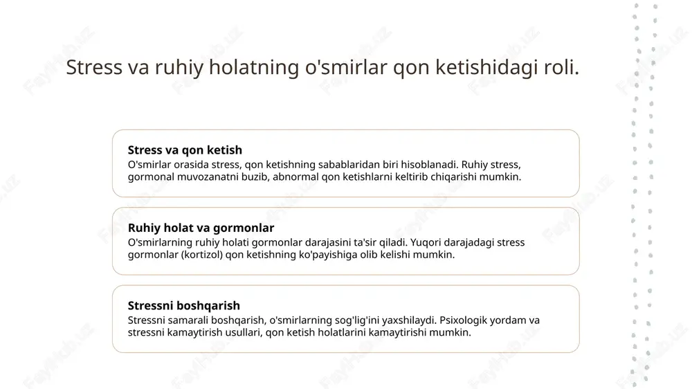 hga murojaat qilishni kechiktiradi va salbiy oqibatlarga olib keladi. xulosa 1 o'smirlar sog'lig'i muhimligi - o'smirlar sog'lig'i abnormal qon ketish sabablarini tushunish, ularning hayoti va rivojlanishi uchun muhimdir. fiziologik va patologik omillarni aniqlash zarur. 2 stress va gormonlar ta'siri - stress va gormonal o'zgarishlar o'smirlar qon ketishini kuchaytirishi mumkin. ruhiy holatlarni boshqarish, sog'lom rivojlanish uchun muhim ahamiyatga ega. 3 madaniyat va ijtimoiy omillar - o'smirlar orasida abnormal qon ketishning madaniy va ijtimoiy omillari, sog'liqni saqlash strategiyalarini ishlab chiqishda e'tiborga olinishi kerak. bu, shuningdek, davolashga yordam beradi. e'tiboringiz uchun rahmat! /docprops/thumbnail.jpeg