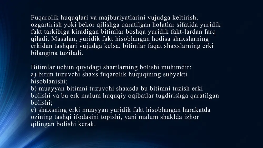 –opsion bitimlar, ya'ni tovarlarni yoki tovarlar yetkazib berish kontraktlarini belgilangan narxlar boyicha kelgusida harid qilib olish yoki sotish huquqlariga doir oldi-sotdi bitimlar. forvard va fyuchers bitimlari hamda opsionlar savdosini amalga oshiruvchi birja o`zining hisob-kitob (kliring) markazlari orqali bitimlar ijrosini kafolatlashi shart. bitimlar haqiqiy sanlash uchun quyidagi shartlarga javob berishi kerak: birinchidan, bitimlarning mazmuni qonunga va qonun asosida chiqarilgan aktlarga, umuminsoniy qoidalarga muvofiq bolishi; ikkinchidan, bitimlarni tuzuvchi shaxslar muomala layoqatiga ega bolishlari; uchinchidan, bitimlar korinish uchungina tuzilmay, balki chindan ham yuridik oqibat tugdirish maqsadida tuzilgan bolishi; tortinchidan, notarial guvohlantirishi yoki davlat royxatidan otkazilishi lozim bolgan bitimlar haqiqiy sanalmasligi xavfi ostida qonun bilan talab qilingan shaklda rasmiylashtirilishi kerak. shuningdek, xojalik shartnomalarini xojalik yurituvchi subyektlar yuridik xizmati (yoki advokati)ning imzosisiz tuzishga yol qoyilmaydi. ayni vaqtda, qonun hujjatlarida belgilangan eng kam ish haqining ikki yuz baravaridan ortiq summadagi shartnomalari yuridik xizmati (yoki advokati)ning yozma xulosasidan keyingina tuziladi. yuqorida korsatilgan talablarga rioya qilinmay tuzilgan bitimlar …