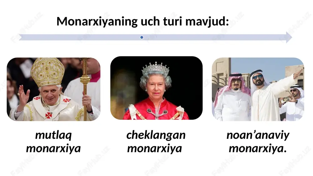 ika) — “jamoa ishi”, “xalq ishi”, davlat degan ma’noni anglatadi. respublikaning asosiy belgilari — hokimiyat oliy organlarining saylab qo‘yilishi, hokimiyat vakolatlarining taqsimlanishi, qonunlarning bajarilishini nazorat qiluvchi organ — sudlaming mavjudligi, fuqarolaming davlat ishlarini boshqarishda bevosita va bilvosita ishtirok etishi. respublika parlamentar respublika. prezidentlik respublikasi. davlat boshqaruvining respublika shaklida davlat hokimiyati va boshqaruvning oliy organlari bevosita xalq tomonidan yoki xalq saylagan organlar tomonidan saylab qo‘yish yo‘h bilan tuziladi va uning vakolati muayyan muddatga belgilanadi “respublika” (lot. respublika) — “jamoa ishi”, “xalq ishi”, davlat degan ma’noni anglatadi. respublikaning asosiy belgilari — hokimiyat oliy organlarining saylab qo‘yilishi, hokimiyat vakolatlarining taqsimlanishi, qonunlarning bajarilishini nazorat qiluvchi organ — sudlaming mavjudligi, fuqarolaming davlat ishlarini boshqarishda bevosita va bilvosita ishtirok etishi. respublika parlamentar respublika. prezidentlik respublikasi. prezidentlik respublikasi prezidentlik boshqaruv shaklida “kuchli prezident” qoidasiga asoslaniladi. prezident hukumat boshlig‘i hisoblanib, uni tuzadi va hukumat prezident oldida hisobot beradi. prezident ham rasman, ham amalda davlat boshlig‘i hisoblanib, maxsus tartibda …