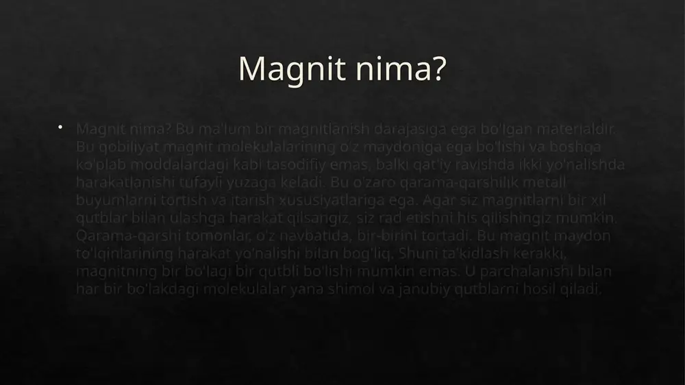 i.). murakkab jismoniy jarayonlarni tushunish ba'zi qiyinchiliklarni keltirib chiqaradi. erdagi magnitlanishni ham, kichik temir bo'laklarining magnitlanishini ham magnit kuch chiziqlari (ko'pincha magnit oqim chiziqlari deb ataladi) magnitning shimoliy uchidan chiqadi va janubiy uchiga kiradi, deb taxmin qilish orqali tushuntirish osonroq. bu xaritada chizilgan kenglik va uzunlik chiziqlari qanday ishlatilishiga o'xshash, faqat qulaylik uchun qo'llaniladigan juda o'zboshimchalik bilan tasvirlangan. biroq, bu bizga yer magnit maydonining manbai nima ekanligini tushunishga yordam beradi. oddiy tekis magnitning bir qutbdan ikkinchi qutbga oʻtuvchi va butun magnitni qoplagan kuch chiziqlari silindrga oʻxshash narsani hosil qiladi. xuddi shu yo'nalishdagi kuch chiziqlari bir-birini qaytarayotganga o'xshaydi. ular har doim bir turdagi qutbdan boshlanib, boshqa turdagi qutbda tugaydi va hech qachon kesishmaydi. e'tiboringiz uchun rahmat! image1.jpeg image6.jpeg image15.jpeg image7.jpeg image8.jpeg image9.jpeg image10.jpeg image11.jpeg image12.jpeg image13.jpeg image14.jpeg image16.png image17.png image18.png image19.png image20.png image21.png image22.png image23.png image24.png image25.jpeg image26.png /docprops/thumbnail.jpeg