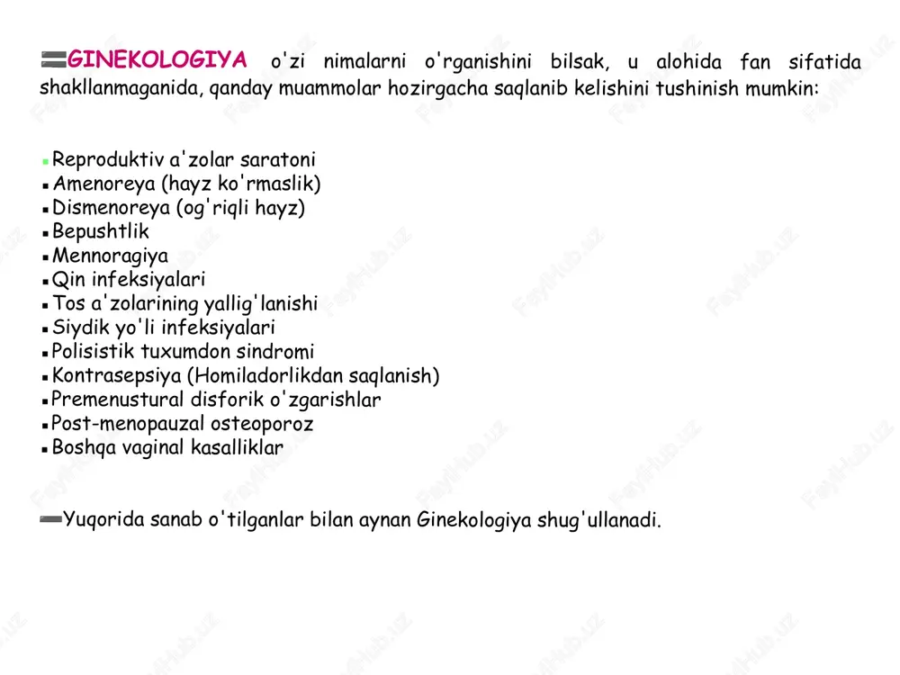 yuqorida – ingichka ichak • pastda – tuxumdon va uning rudiment ortiqlari • oldinda – to’lgan siydik pufagi • orqada – rectum vagina  yunoncha – colpos, cuneus  toq, ichi bo’sh a’zo  bachadonni tashqi jinsiy a’zolar bilan bog’laydi funksiyasi: • menstruatsiya qonining to’planishi va chiqarilishi • tug’ish golotopiya: kichik chanoq bo’shlig’i skeletotopiya: s3-co1 sintopiya: • orqada – rectum • oldinda – urethra, fundus va urinariae • lateral – venoz chigal va pars pelvis urethralis • pastga  oraliqdan o’tadi image1.png image2.jpeg image3.jpeg image4.tmp image5.tmp image6.jpeg image7.jpeg image8.jpeg image9.jpeg image10.jpeg image11.jpeg image12.jpeg image13.jpeg image14.jpeg image15.jpeg image16.jpeg image17.jpeg image18.jpeg image19.jpeg image20.jpeg
