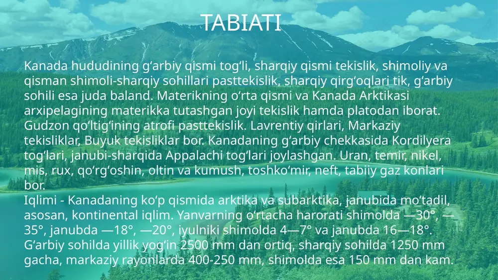 ik ishlab chiqaruvchi sanoat mahsuloti qiymatining 1/2 qismini beradi. uning asosiy tarmogʻi — transport mashinasozligi (avtomobil, kema, aviatsiya, vagon va lokomotivso zli k). boshqa sanoat tarmoqlaridan qishloq xoʻjaligi mashinasozligi, neft va gaz sanoati, kon, oʻrmon va sellyuloza-qogʻoz sanoati uchun uskunalar ishlab chiqarish kor-xonalari yaxshi rivojlangan. mashinasozlikning asosiy markazlari: toronto, montreal, uinsor, gamilton va b. kora metallurgiya gamilton, su-sent-mari, uellend va sidni shaharlarida, alyuminiy, rangli metallar ishlab chiqarish arvid, kitimat, norand, sadberi, tompson, traylda toʻplangan. neftni kayta ishlash zavodlari montreal va sarniyada joylashgan. kimyoviy oʻgʻitlar, sintetik kauchuk va plastmassa ishlab chiqarish rivojlangan. xoʻjaligi asosiy markazlari: sarniya, montreal, toronto, niagarafole va kitchener. un tortish, goʻsht, baliq-konserva va likyor-araq ishlab chiqarish oziqovqat sanoatining asosiy tarmoqlari boʻlib, ular muhim eksport ahamiyatiga ega. yengil sanoat tarmoqlaridan toʻqimachilik, koʻn-poyabzal va tikuvchilik nisbatan yaxshi rivojlangan. mahsulotning yarmi montrealda ishlab chiqariladi. tilingan taxta, gazetabop qogʻoz, karton ishlab chiqarish markazlari: britaniya kolumbiyasi va kvebek viloyatlari. kishloq xoʻjaligi sermahsul, fermalari …