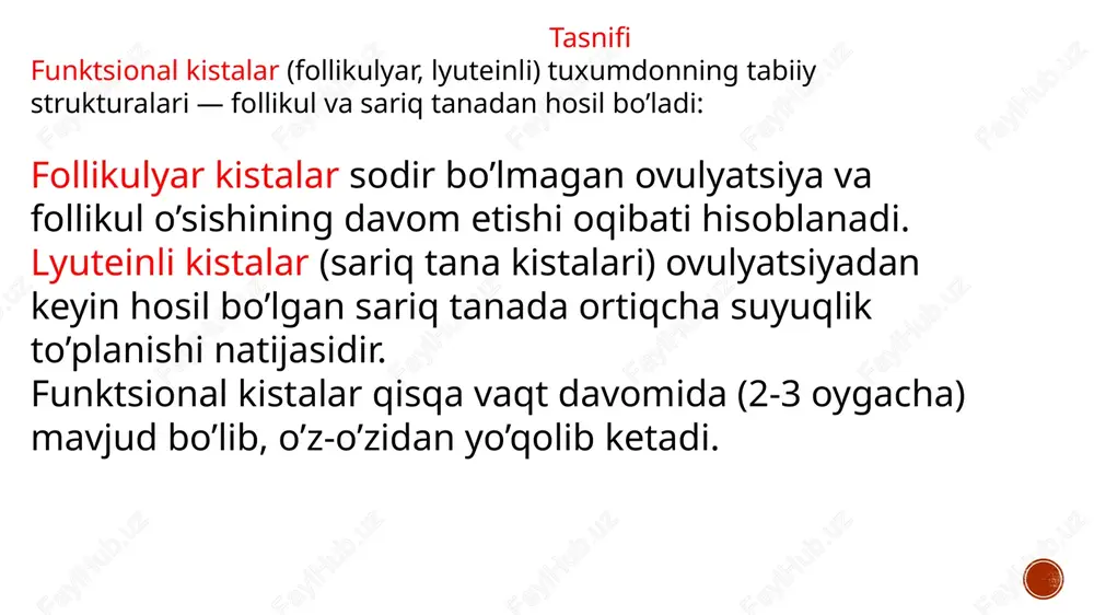 ti ostida punktsiyasi va aspiratsiyasi amalga oshirilishi mumkin. bu holda vaginal ultratovushli uzatkich va punktsion nasadkadan foydalanib, kista bo’shlig’iga igna kiritiladi. kista tarkibi aspiratsiyalanadi va sitologik tekshiruvdan o’tkaziladi. bo’shliqqa sklerozlovchi xususiyatga ega 10-15 ml etil spirti yuboriladi. aspiratsion terapiya usullari reproduktiv yoshdagi ayollarda o’zini to’liq oqlagan. profilaktika kisti yaichnika cvoevremennoe lechenie vospalitelnix zabolevaniy organov malogo taza; korrektsiya narusheniy menstrualnogo tsikla; svoevremennaya realizatsiya reproduktivnoy funktsii; adekvatnaya kontratseptsiya dlya preduprejdeniya abortov. image4.png image3.png image5.png image6.png image7.png image8.png image9.png image10.png image11.png image12.png image13.png image14.png image15.png image16.png image17.png image18.png image19.png image20.png image21.png image22.png image23.png image24.png image25.png image26.png image27.png image28.png image29.png image30.png image31.png image32.png image33.png image34.png image35.png image36.png image37.png image38.png image39.png image2.png /docprops/thumbnail.jpeg