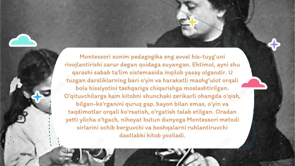 biatdan bezdirish emas, do‘st qilish kifoya; uni tanqid qilmang, qandaydir taqiq, cheklov bilan bo‘g‘mang; xato qilishga har bir bolaning haqqi bor. uni to‘g‘rilashni ham o‘ziga qo‘yib bering. 1.7.2013 ‹#› xulosa umuman olganda, maria montessori ta'lim usullari surdo pedagogikasi bilan mukammal uyg'unlikda bo'lishi mumkin. uning metodlari quloq eshitish qobiliyati cheklangan bolalar uchun ta'lim jarayonini yanada samarali va interaktiv qilish imkonini beradi. 1.7.2013 ‹#› image8.svg image9.png image10.svg image11.png image12.svg image13.png image14.svg image15.png image16.svg image17.png image18.svg image1.png image2.svg image3.png image4.svg image5.png image6.svg image7.png image24.svg image25.png image26.svg image27.png image28.svg image29.jpeg image19.png image20.svg image21.png image22.svg image23.png image31.jpeg image30.jpeg image35.png image36.svg image37.png image38.svg image32.jpeg image33.png image34.svg image40.png image41.svg image39.jpeg image45.png image46.svg image47.png image48.svg image42.jpeg image43.png image44.svg image54.svg image55.png image56.svg image49.png image50.svg image51.png image52.svg image53.png image60.png image61.svg image57.png image58.svg image59.png image67.svg image68.png image69.svg image70.png image71.svg image62.png image63.svg image64.png image65.svg image66.png image72.png image73.jpeg image74.jpeg image75.jpeg image76.jpeg image77.jpeg /docprops/thumbnail.jpeg