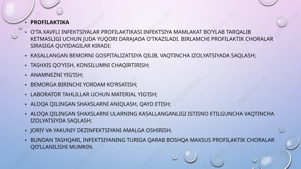tiradi. kuydirgi infektsiyasi va boshqa bakterial infeksiyalarni davolash yuqori dozalarda vena ichiga va peroral antibiotiklarni o’z ichiga oladi, ular orasida ftorxinolonlar (siprofloksatsin), doksitsiklin va penitsillin, shuningdek eritromitsin va vankomitsin mavjud. o’pka kuydirgisi shubha qilingan holatlarda antibiotiklarni erta profilaktik maqsadlarda qabul qilish o’limni oldini olishda hal qiluvchi rol o’ynashi mumkin. so’nggi yillarda kuydirgi kasalligiga qarshi yangi dori-darmonlarni ishlab chiqarish bo’yicha ko’plab tashabbuslar amalga oshirildi, ammo mavjud dorilar davolanish tezda boshlanganda samaralidir. patogenetik davolashda kolloid va kristalloid eritmalar, plazma, albumin, glyukokortikosteroidlar qo’llaniladi. kasallikning teri shakllari uchun jarrohlik aralashuvlari o’tkazish ruxsat etilmaydi: ular infektsiyaning generalizatsiyasiga olib kelishi mumkin. profilaktik choralar veterinariya xizmati bilan yaqin aloqada o’tkaziladi. aniqlangan kasal hayvonlar izolyatsiya qilinishi, ularning jasadlari yondirilishi kerak; infektsiyalangan jismlar zararsizlantirilishi kerak. jun va mo’ynali mahsulotlarni dezinfeksiya qilish uchun kamerali dezinfektsiya ishlatiladi. kasal hayvon yoki zararlangan material bilan aloqada bo’lgan shaxslar 2 hafta davomida faol tibbiy ko’rikda bo’ladilar. odamlar va hayvonlarni quruq tirik kuydirgi vaktsinasi bilan …