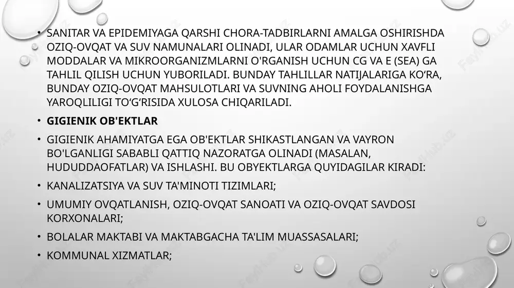 stunlik qiladi. infektsiya manbasini zararsizlantirishga qaratilgan chora-tadbirlar antroponoz va zoonozlarda ham farqlanadi. antroponotik infektsiya o'chog'ini zararsizlantirishning eng radikal va qo'llaniladigan shakllari erta izolyatsiya va kasalxonaga yotqizishdir. yuqumli kasalliklar bo'limiga yotqizish o'z vaqtida kasalxonaga yotqizish bemorni muvaffaqiyatli davolashga yordam beradi, lekin bu, birinchi navbatda, bemor bilan muloqotda bo'lganlar va atrof-muhit o'rtasida infektsiya tarqalishini to'xtatishni ta'minlaydi. bemor yuqumli kasalliklar bo'limiga yotqiziladi, bu imkoniyat bo'lmasa - epidemiyaga qarshi rejimlarga rioya qilgan holda maxsus shifoxonada. biroq, ko'k yo'tal, qizamiq, gripp va boshqa infektsiyalar bilan bemorlarning ko'pchiligi uyda bo'lganda, sog'lom odamlarning ular bilan muloqot qilishiga maksimal darajada to'sqinlik qiladigan sharoitlar yaratiladi vashu bilan ularning infektsiyalanishining oldini oladi. tibbiy nazorat infeksiya manbai bilan aloqada boʻlganlar uchun tibbiy kuzatuv oʻrnatilmoqda. yuqumli kasalliklarning nozologik shakliga qarab, sog'lig'ining holati, axlatning tabiati va chastotasi, kunlik termometriya, terini tekshirish, pedikulyozni tekshirish, ko'z va shilliq pardalarni tekshirish, limfa tugunlarini palpatsiya qilish bo'yicha har kuni tekshiruv o'tkaziladi., jigar va taloq. bundan tashqari, immunologik …