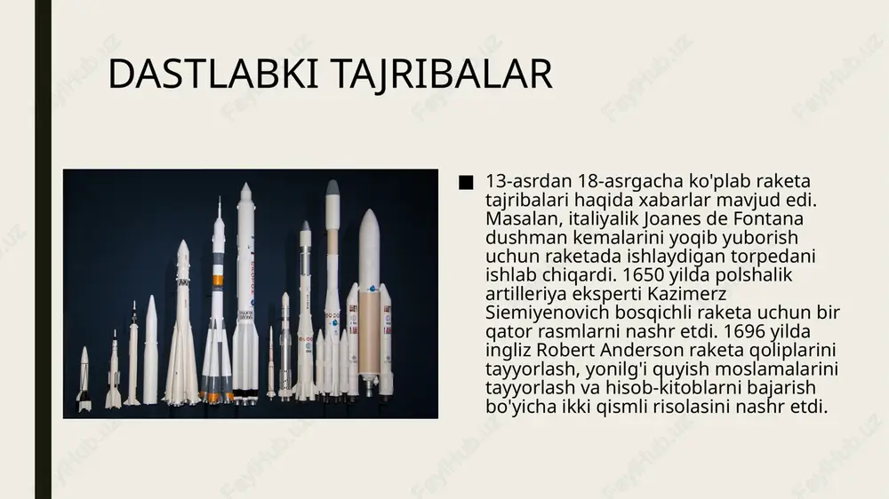 bo'lgan explorer 1 4 bosqichli raketadan foydalangan. hatto kosmik kemada ikkita katta qattiq yoqilg'i kuchaytirgichi ishlatiladi, ular yoqib yuborilgandan keyin tashlanadi. raketalarni sahnalashtirish va texnologiyasi xitoy fişekleri miloddan avvalgi ii asrda qadimgi xitoyliklar tomonidan ishlab chiqilgan otashinlar raketalarning eng qadimgi shakli va raketaning eng sodda modeli hisoblanadi. suyuq yonilg'i bilan ishlaydigan raketani rad etish, qattiq qo'zg'atuvchi raketalar zasiadko, konstantinov va kongreve kabi olimlarning sohaga qo'shgan hissalari bilan boshlandi. space shuttle qo'shaloq kuchaytirgichli dvigatellari va delta seriyali kuchaytirgich bosqichlarida, shu jumladan raketalarda ko'rinib turganidek, hozirgi vaqtda yanada rivojlangan holatda bo'lsa ham, qattiq yonilg'i quyish raketalari bugungi kunda keng qo'llanilmoqda. suyuq yonilg'i bilan ishlaydigan raketalar birinchi marta tsiolkozski tomonidan 1896 yilda yaratilgan. e’tiboringiz uchun rahmat! image1.jpg image2.jpeg image3.jpeg image4.jpeg image5.jpeg image6.jpeg image7.jpeg image8.jpeg /docprops/thumbnail.jpeg