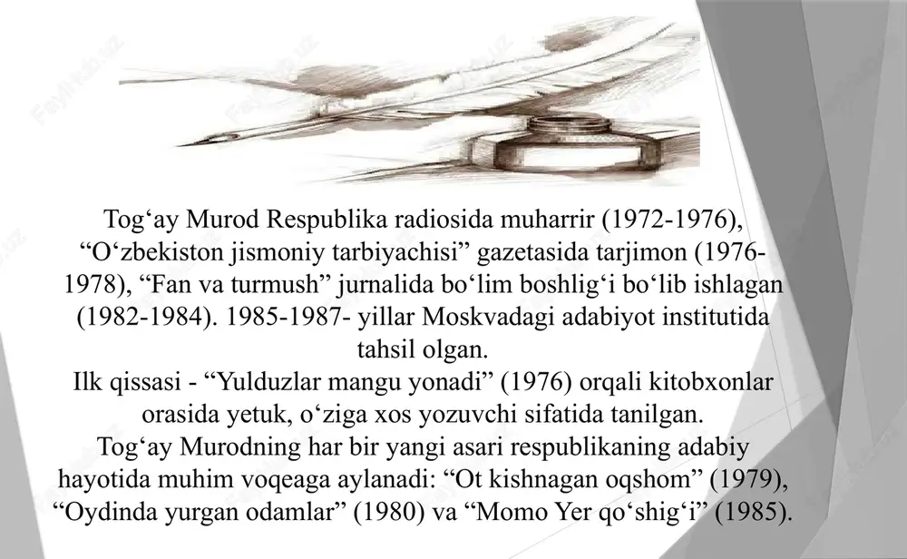 larni yuklay oldi. 15 nima uchun? “yulduzlar mangu yonadi”qissasi darslikka kiritildi. nima uchun? nima uchun? tog‘ay murodnning “yulduzlar mangu yonadi” qissasi 16 bo`ri polvon nasim polvon 17 o‘qituvchi: do‘stiga xiyonat qilgan, qishlog‘idan bosh olib chiqib ketishga majbur bo‘lgan, qasam ichib “ko‘r bo‘lay” degan va oqibat ko‘r bo‘lib qolgan odam g‘olib bo‘ladimi? bo‘ri polvon zafar va mag‘lubiyatlarini izohlang. u qachon g‘alaba qozondi-yu, qachon “yulduz sanadi”? o‘quvchilar: bo‘ri polvonning raqibini mensimaganda mag‘lub bo‘lgani va ko‘nglida kibr bo‘lmaganda g‘alaba qozonganini, albatta, tushunib yetishgan. shu haqida ular fikri tinglangach, o‘qituvchi xulosalaydi: -demak, insonda bir-biriga yaqin ikki tuyg‘u borki, ularning biri- kibr, biri esa- g‘urur. ular o‘rtasidagi chegarani aniq belgilash qiyin,lekin kibr insonni odamlar nazaridan qoldirsa, g‘urur esa insonni ezgu ishlar sari qanotlantiradi. dars yakunida: uchun e’tiboringiz uchun rahmat!!! image7.png image2.png image8.jpeg image9.jpeg image1.jpeg image4.jpeg tree11 /docprops/thumbnail.jpeg