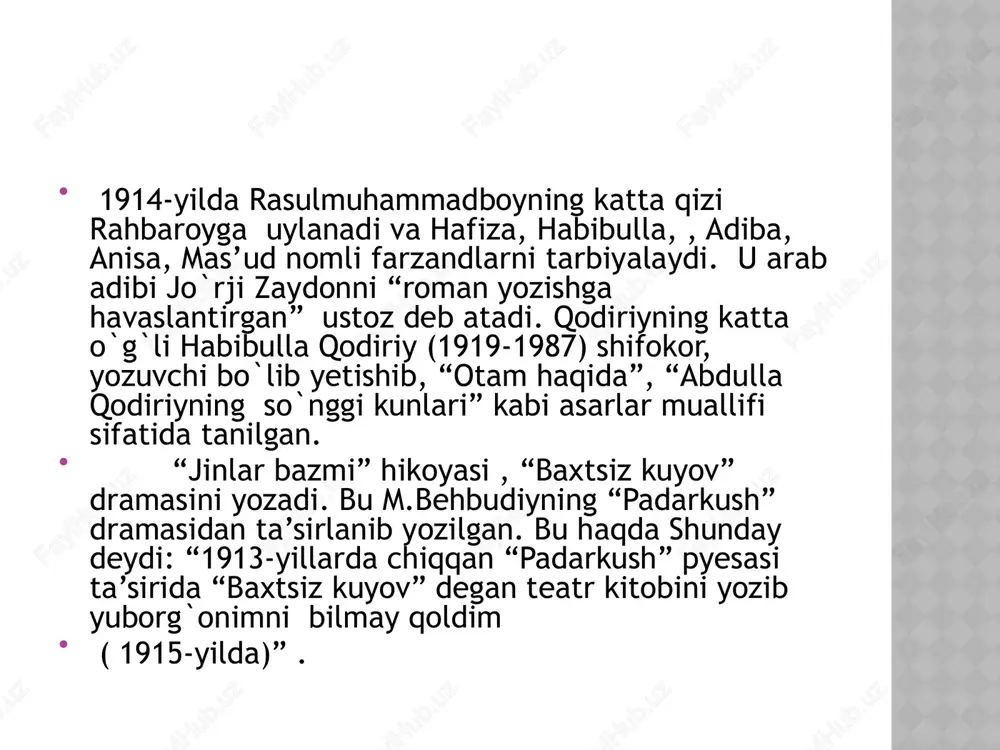 li ekanligini bilib o`sadi. milliylik – tashqi belgi emas. u ichki holatdir. biror millatning vakili o`zining qaysi millatga mansubligini bilsa va shu bilan faxrlansa, unda millat tuyg`usi shakllangan bo`ladi. millatini tanimaslik va u bilan faxrlanmaslik ulkan baxtsizlikdir. bu ota-onadan yuz o`girishga o`xshagan nuqsondir. ota-onani tanlab bo`lmaganidek, millatni ham tanlamaydilar. uni boricha qabul qilish, avaylash, uning har jihatdan yuksalishiga hissa qo`shish lozim. savollar: 1.o`zbek adabiyotida qaysi shoirlar, shoiralar, yozuvchilarini bilasiz? 2.abdullar qodiriy qachon va qayerda tavallud topgan? uning qanday hikoya, romanlarini bilasiz? 3.nima uchun abdulla qodiriyni o`zbek romanchiligining asoschilaridan biri deymiz? 4. adibning “o`tgan kunlar” asari haqida to`liq ma’lumot bering? 5.nima uchun sho`rolar davrida “o’tgan kunlar” asarini o’qish taqiqlangan? 6. “o’tgan kunlar” asari nima haqida va unda nimalar aks etiladi? 7. “o`tgan kunlar” asari qahramonlari- ni sanang? 8. asar personaj- lari haqida nima deya olasiz? 9. keling, o’zbek oyim to’g’risida gaplashaylik. uning otabek bilan munosabati tasviriga tayanib shaxsiyatiga qanday baho berasiz? …