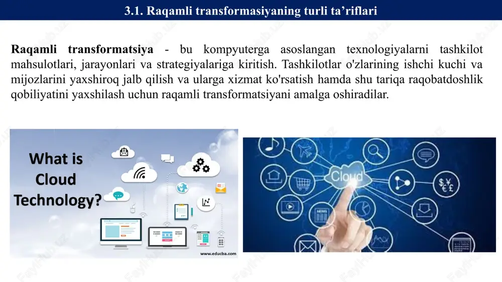 u ikki atama qanday bog'liq? raqamlashtirish = jarayonlar va vazifalarni raqamli ravishda qo'llab-quvvatlash avtomatlashtirish = jarayonlar va vazifalarni avtonom va avtomatik ravishda bajarish bitkom sanoat assotsiatsiyasi, masalan, kompaniyalar raqamlashtirish niqobi ostida mutlaqo boshqa narsalarni tushunishini aniqladi: qog'oz fayllarni raqamlashtirish ham, operatsion biznes jarayonlarini umumiy qo'llab-quvvatlash, elektron buxgalteriya hisobi va hujjatlarni kiritish, shuningdek, operatsion biznesni avtomatlashtirish jarayonlari so‘rovnomada qayd etilgan. xususan, nomidan ko'rinib turibdiki, raqamlashtirishdan ko'ra ko'proq avtomatlashtirishdir. raqamlash millionlab nemis ish o'rinlarini o'ldiradimi? germaniyada 2023 yilga kelib millionlab ishchilar ishini yo'qotishi va ularning o'rnini robotlar va sun'iy intellekt algoritmlari egallashi mumkin, deydi germaniya it assotsiatsiyasi bitkom tadqiqotida. guruh siyosatchilarni masalaga jiddiyroq yondashishga chaqirdi. analog hujjatlar va jarayonlarning raqamli transformatsiyasini ham (uni raqamli ravishda olish uchun xodimlar faylini skanerlash yoki etkazib beruvchining hisob-fakturasini skanerlash), raqamli iqtisodiyotga o'zgarish nazarda tutilgan butun megatrendni ham bu erda tushunish mumkin. raqamlashtirish nimani anglatadi? umuman olganda, ilgari analog bo'lgan, masalan, qog'ozda bo'lgan va hozirda kompyuterlashtirilgan, ya'ni …