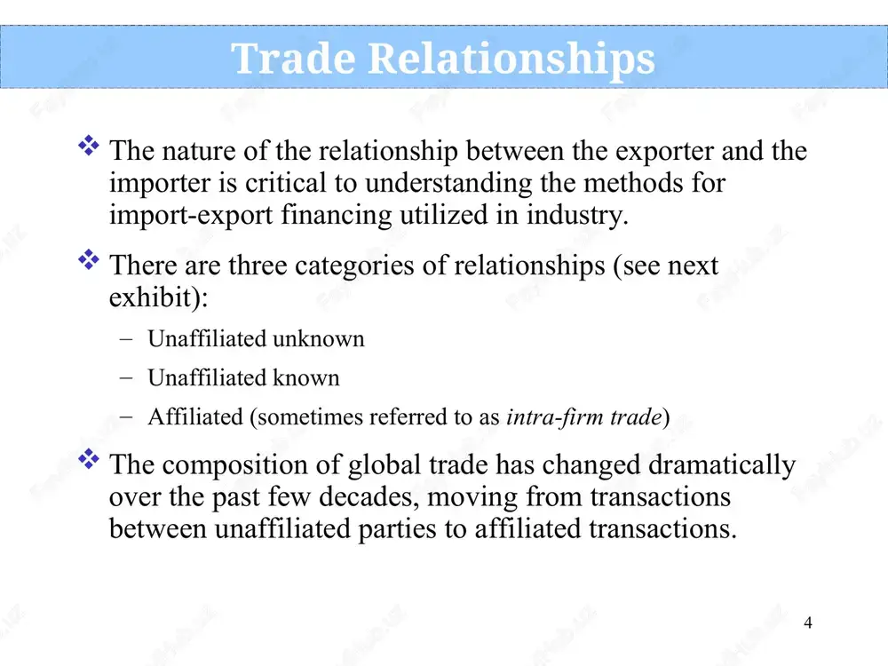 vercome many of these problems and help to maximize global profits: unbundling funds transfer pricing reinvoicing centers internal loans the trade cycle the trade cycle exporter importer the transaction over time contract production land transport port of departure sea transport port of destination customs! land transport and delivery final payment 7 the trade cycle importer exporter the transaction over time contract production land transport port of departure sea transport port of destination customs! land transport and delivery final payment