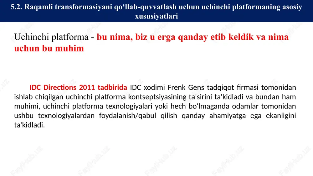 ayd etilgan texnologiyalar ko'plab sohalarda qandaydir portlashlarga sabab bo'layotgan ushbu birlashtirilgan haqiqatning ta'siri bir necha yillar davomida transformatsion kuchlar va ehtiyojlarni qanday qo'zg'atayotganini ham ko'rish mumkin. bir necha yillardan beri idc akt bashoratlariga uchinchi platforma nuqtai nazaridan qaramoqda va ishlar juda tez ketmoqda. akt sanoatining o'sishi va innovatsiyalarning paydo bo'lishi uchun uchinchi platforma intellektual sanoat yechimlari trillionlab narsalar milliardlab foydalanuvchilar millionlab ilovalar mobil keng polosali big data/tahlil bulutli xizmatlar ijtimoiy biznes lan/ internet client/server yuz millionlab foydalanuvchilar o'n minglab ilovalar minglab ilovalar millionlab foydalanuvchilar terminal asosiy kompyuter mobil qurilmalar va ilovalar topshiriq. quyida keltirilgan mavzu bo'yicha qo'shimcha manbalar va matnlarni tahlil qilish bruce richardson on the third platform and cloud evolutions (interview) https://www.i-scoop.eu/bruce-richardson-on-the-third-platform-and-cloud-evolutions/ 2015: the year of third platform accelerating innovation https://www.i-scoop.eu/2015-year-third-platform-accelerating-innovation/ the acceleration of third platform innovation: here comes the dx economy https://www.i-scoop.eu/the-acceleration-of-third-platform-innovation-here-comes-the-dx-economy/ https://www.glueup.com/blog/digital-transformation-platform mustaqil ish siz e'tiborga olishingiz kerak bo'lgan 10 ta raqamli transformatsiya platformalari eʼtiboringiz uchun raxmat …