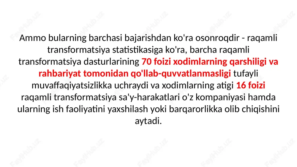 i transformatsiya maqsadlariga erisha olmasligini aytdi. tashkilotlar oldida turgan muammolarga kiberxavfsizlik, ilovalar arxitekturasi, dasturiy ta'minot integratsiyasi, ma'lumotlar tahlili bo'yicha ko'nikmalarning yetishmasligi kiradi. it-mutaxassislari yetishmaydigan tashkilotlar ushbu ishni tashqi maslahatchilar va raqamli transformatsiya bo'yicha mutaxassislarga topshirish orqali bu muammoga qarshi kurashishlari mumkin. 7. xavfsizlik masalalari ma'lumotlarga sezgir bo'lgan sohalardagi ko'plab korporativ tashkilotlarning orqaga surilishi maxfiylik va kiberxavfsizlik muammolaridir. va bu to'g'ri. raqamli transformatsiyaning aksariyat harakatlari bulutga texnologiyalarga o'tish uchun mahalliy yechimlarni qoldirishni, shuningdek, kompaniyaning barcha ma'lumotlarini bitta markazlashtirilgan tizimga integratsiyalashni o'z ichiga oladi. albatta, bu mijozlar ma'lumotlari va kompaniya sirlarini o'g'irlaydigan kiberhujumlar xavfini oshiradi. onlayn hujumlar tizim zaifliklarini, yomon sozlashlarni va shubhali foydalanuvchilarni nishonga olishi mumkin. ushbu tahdidlar sodir bo'lishidan oldin ularni faol ravishda yumshatish uchun rejangiz borligiga ishonch hosil qiling. himoyangizdagi zaiflikni aniqlashga yordam berish uchun kiberxavfsizlik bo'yicha mutaxassisni olib keling. 8. byudjet cheklovlari raqamli transformatsiya arzon sarmoya emas. transformatsiya strategiyasiga ega bo'lmagan tashkilotlar uchun qamrovni qisqartirish asta-sekin muddatlarni orqaga …