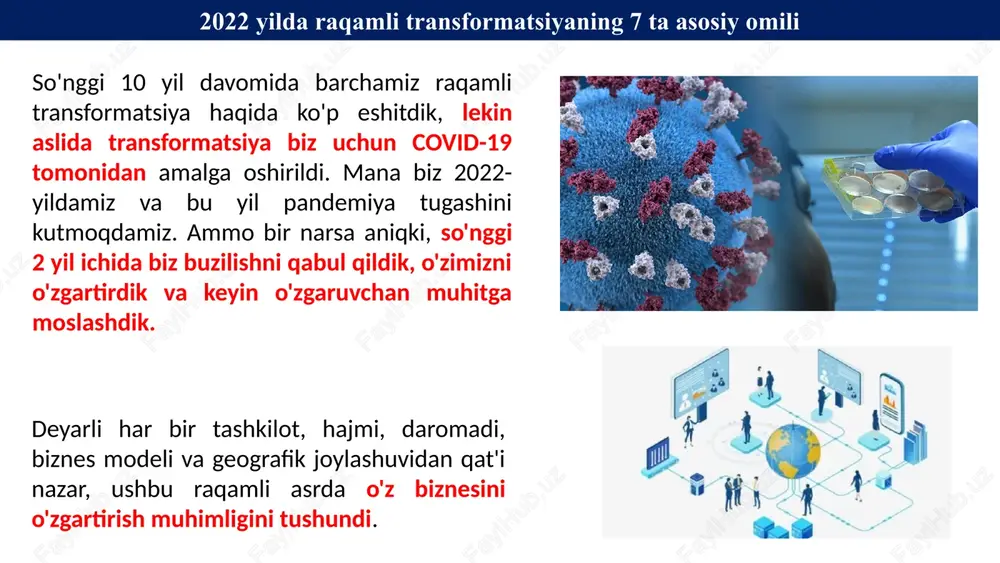 yaroqlilik muddati tugaydigan tizimlardan texnik qarzga ega. yillar davomida ushbu infratuzilmani o'rnatish va ilovalar biznes operatsiyalarining asosiy qismiga aylandi, ammo kengaytirilishi, qo'llab-quvvatlanishi, o'zaro ishlashi va o'sishiga to'sqinlik qiladi. ushbu eski tizimlarni ilg'or texnologiyalarga yangilash raqamli transformatsiyaning asosiy omillaridan biri bo'lib qoladi. · bulutli hisoblash · dasturiy ta'minot - xizmat sifatida · bulutda mahalliy ilovalarni ishlab chiqish · javob beruvchi veb va mobil ilovalar · analitik hisobot uchun business intelligence (bi). 4. operatsion samaradorlik tashkilot ichidagi har bir bo'lim ichki va tashqi o'zaro aloqalar uchun o'zining odatiy biznes jarayonini ishlab chiqadi. davr davomida ushbu biznes operatsiyalari odatda qo'lda o'zaro ta'sirga ega, byurokratik tasdiqlash jarayonlariga ega va qo'lda xatolarga moyil bo'ladi. biznes-jarayonni yangi ilovalar, avtomatlashtirilgan tizimlar, ommaviy operatsiyalar, ilovalar/tizimlar integratsiyasi, api xizmatlari va boshqalar orqali raqamlashtirish tashkilotning umumiy operatsiyalarini oshirishga yordam beradi. · robotik jarayonlarni avtomatlashtirish (rpa) yordamida avtomatlashtirish · tasdiqlash va ko'rib chiqish uchun qo'lda ish jarayonini yo'q qilish · ma'lumotlarga …