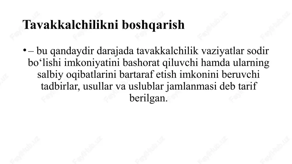 osqichlar amalga oshiriladi: 1-qadam. biznes uchun umumiy bo‘lgan ichki xavflarni aniqlash lozim. 2-qadam. biznesda “xavflar kutubxonasi”ni ishlab chiqish. 3-qadam. xavflarni xodimlar o‘rtasida taqsimlash lozim. 4-qadam. xavflarni boshqarish usullarini ishlab chiqish zarur. 5-qadam. xavflarni va ularning oqibatlarini baholash lozim. 6-qadam. “xavflar kutubxonasi”ni vaqti-vaqti bilan yangilab turish lozim. biznesda “xavflar kutubxonasi”ni ishlab chiqish xavflar kutubxonasiga mavjud biznesga xos bo‘lgan barcha xavflar to‘g‘risida ma’lumotlar kiritiladi. xavflarni umumiy va o‘ziga xos xususiyatlarga ajratiladi. xavflarni boshqarish usullarini ishlab chiqish zarur xavf tahlili uchun mas’ul xodim ularni qanday boshqarishni belgilashi kerak. ular yumshatish choralarini ishlab chiqishlari va xavflarni boshqarish bo‘yicha kamchiliklarni yaratishlari kerak. xavflarni va ularning oqibatlarini baholash lozim investorlar odatda o‘zlarining tajribalariga asoslanib, intuitiv ravishda bitimning maqsadga muvofiqligi to‘g‘risida qaror qabul qilishadi. xavf tadqiqotchilarining vazifasi sarmoyalash uchun yoki unga qarshi qat’iy dalillar keltirishdir. ekspert baholash natijalari hisob-kitob shaklida taqdim etilishi kerak. har bir xavf ikki asosiy omil asosida baholanadi: muvofiqlik. yumshatilish choralarini qo‘llaganidan keyin salbiy …