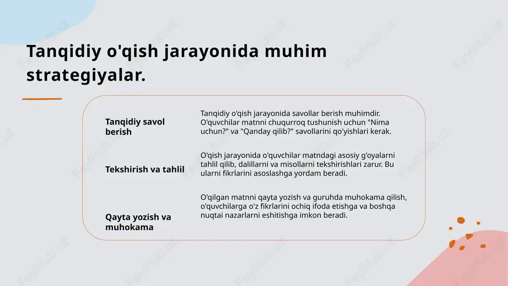 va yangi g'oyalarni rivojlantirishni ta'minlaydi, bu esa ta'lim jarayonini boyitadi. 04 amaliy loyihalar talabalarga analitik fikrlash ko'nikmalarini amaliy loyihalarda qo'llash imkoniyatlari berilishi, o'z bilimlarini amaliyotga tadbiq etish imkonini yaratadi. xulosa tanqidiy o'qishning ahamiyati innovatsion yondashuvlar samarali amalga oshirish tanqidiy o'qish, o'quvchilarga ma'lumotlarni baholash va tahlil qilish ko'nikmalarini rivojlantirishda muhim rol o'ynaydi. bu jarayon ta'lim sifatini oshiradi. o'qitishda innovatsion yondashuvlar, tanqidiy va analitik fikrlashni rivojlantirishda samarali vositalar bo'lib, o'quvchilarning qiziqishini oshiradi. samarali amalga oshirish, ta'lim jarayonida o'quvchilarning muvaffaqiyatini ta'minlash uchun muhimdir. strategiyalar va metodlar, o'quvchilarni faollashtirishga yordam beradi. e'tiboringiz uchun rahmat! /docprops/thumbnail.jpeg