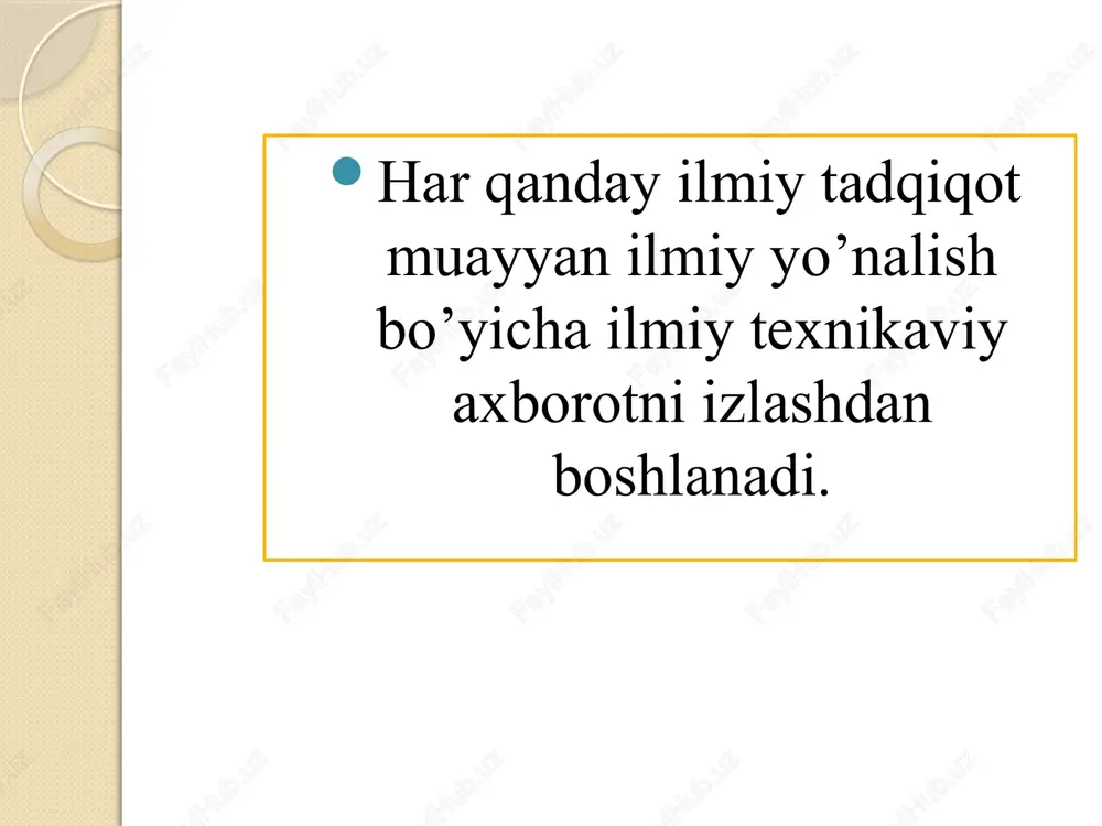 umkin. agar topilgan yangi g’oya muallif tomonidan ilmiy asoslab berilsa, u kashfiyotga aylanadi. kashfiyot ilmiy faoliyatning eng yuqori darajadagi namoyishidir. kashfiyot ob’ektlari uch xil bo’lishi mumkin: qurilma bo’yicha kashfiyot; usul bo’yicha kashfiyot; ishlab chiqarishga qo’llash bo’yicha kashfiyot. qurilma bo’yicha kashfiyotlarga ma’lum konstruktsiya vositalari, qurilmalarning uzel va detallari, ularning joylashishi va o’lchamlariga tegishli yangiliklar kiradi. usul bo’yicha kashfiyotlar texnologik jarayonlar, vositalar, yechimlar va parametrlarga taalluqli bo’ladi. ishlab chiqarishga qo’llash bo’yicha kashfiyotlar- ma’lum bir predmetni boshqa joyda boshqa maqsadda ishlatish bo’yicha takliflarni o’z ichiga oladi. ilmiy ma’ruza tezislarini yozish qoidalari tezis – bu ilmiy matn bo’lib, u o’zida ilmiy tadqiqotning asosiy natijalarini va ularni olish usullarini aks ettiradi. tezislar ilmiy ma’ruzaning qisqarttirilgan shakli deb hisoblaganlar adashadi. tezislarning maqsadi – konferentsiyaning boshqa qatnashchilariga tadqiqotingiz mazmunini yanada yaxshiroq tushuntirishdan iborat. sarlavha. tezis ustida ish boshlashdan avval uning sarlavhasini o’ylab ko’ring. sarlavha o’z navbatida sizning tadqiqotingiz mazmunini o’zida aks etishi lozim, ammo u bitiruv malakaviy …