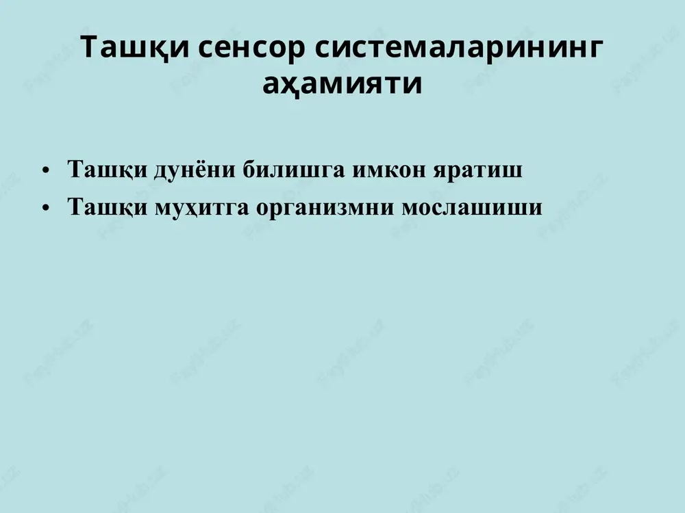 en tolalarida tugaydilar. tomir-to'qima retseptorlari – bular qisman periodontni kologen tolalar tutami bilan, qisman qon tomirlari bilan zich aloqa qiladilar. koptokchasimon retseptorlar – kichkina uchustkada buralgan shaklga ega periodontning nerv retseptorlarini o'ziga xos bar'er sifatida ko'rishimiz mumkin. chakka- pastki jag' bo'g'imi bilan birga tishlarga va jag' suyaklariga juda katta yuklamalarning ta'sirini oldini oladi. bundan tashqari retseptorlar kuchli ta'sirlanishi natijasida xosil bo'lgan mo'l afferent oqim tish-jag' soxasi tizimi bilan bog'liq bo'lmagan organlar faoliyatiga– xazm qilish traktining ayrim bo'limlariga: endokrin bezlari, tomirlar tizimi va boshqalarga reflektor ta'sir qilishi mumkin. patologik jarayonga chalingan yuz-jag' soxasidagi organlardan impulsatsiya masning xar hil sathlarida kuchaygan patologik qo'zg'alishlar generatorini hosil bo'lish asosining sababi bo'lishi mumkin. xronik – uzoq vaqt davom etadigan og'riq odontogen sababli uch boshli nervning nevralgiyasida odamning psixik soxasiga masalan, maksimal depressiv xolatiga ta'sir qiladigan patologik jarayonlar bo'lishi mumkin. ta'm sezish analizatori ta'm sezish kurtaklari til so'rg'ichlarida, xalqumning yuqori devorida, yumshoq tanglayda, murtak bezlarida, epiglotisda …
