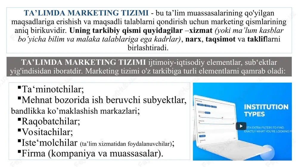 ijtimoiy media marketing; ta'lim dasturlarini targ'ib qilish: ta’lim marketingi mamlakat iqtisodiyotini rivojlantirishda muhim ahamiyatga ega va u quyidagilar bilan izohlanadi: marketing ta’limda ilg‘or g‘oyalarni tarqatish bilan chambarchas bog‘liq (iqtisodiyotning turli tarmoqlarida innovatsiya va texnologiyalarni ishlab chiqish va joriy etish); ta'lim tizimining rivojlanishi foydalaniladigan marketing vositalariga bog'liq (ta'lim xizmatlarining sifati va mavjudligi ularning ko'lamining kengligiga bog'liq va jamiyat turmush darajasining o'sishiga bevosita ta'sir qiladi); pullik ta'lim xizmatlari marketingini rivojlantirish (ta'lim muassasalari davlat byudjeti hisobidan mavjud va tijorat asosida xizmatlar ko'rsatish). ta'limda marketingning xususiyatlari bugungi kunda ta’lim xizmatlari bozori iste’molchiga o‘z mahsulotini qulay vaqtda va qulay joyda taqdim etishga tayyor. ta'lim dasturlari va ta'lim yo'nalishlari raqobatning rivojlanishiga ta'sir qiladi, ta'lim tashkiloti imidjidagi farqlarni yo'q qiladi, potentsial iste'molchilar ongida ta'lim bozori sub'ektining brend atributlarini idrok etish, eslab qolish va tan olishni qiyinlashtiradi. marketing vositalari metodologiyasini malakali qo'llash ta'lim muassasasini raqobatchilardan ajratish, kerakli miqdordagi talabalarni jalb qilish va daromad olish imkonini beradi. ta'lim sohasidagi …