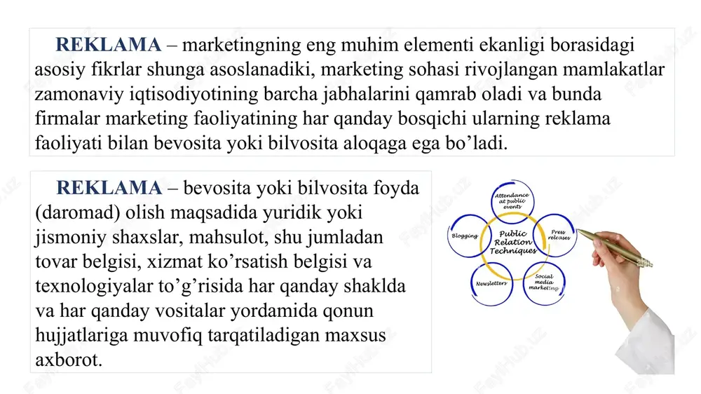 madhiyasini), milliy valyutasini tahqirlovchi reklama; ijtimoiy axborot — tarqatilishi bevosita yoki bilvosita foyda (daromad) olishni maqsad qilib olmagan, nomuayyan shaxslar doirasiga yo‘naltirilgan hamda xayriya va sog‘liqni saqlash, atrof-muhitni muhofaza qilish, energetika resurslarini saqlash, huquqbuzarliklar profilaktikasi, aholini ijtimoiy himoya qilish va uning xavfsizligi, ma’naviyat va ma’rifat, jamiyat va davlat manfaatlarini ta’minlash sohalarida ijtimoiy foydali maqsadlarga erishishga qaratilgan axborot, shuningdek notijorat xususiyatidagi boshqa axborot; nomaqbul reklama — noto‘g‘ri, axloqsiz, yashirin reklama, shuningdek ushbu qonun talablariga mos kelmaydigan boshqa reklama; noto‘g‘ri (insofsiz, bila turib yolg‘on) reklama — noaniqligi, bir xil ma’noli bo‘lmaganligi, bo‘rttirib yuborilishi, yashirib ketilishi, tarqatilish vaqti, joyi va usuliga nisbatan talablarning hamda qonunchilikda nazarda tutilgan boshqa talablarning buzilishi natijasida reklamadan foydalanuvchilarni chalg‘itadigan yoki chalg‘itishi mumkin bo‘lgan, yuridik va jismoniy shaxslarga, shuningdek jamiyat hamda davlat manfaatlariga moddiy zarar va ma’naviy ziyon yetkazishi mumkin bo‘lgan reklama; rag‘batlantiruvchi aksiya — reklamadan foydalanuvchilarni muayyan harakatlarni bajarishga undaydigan tadbir, tanlov, o‘yin o‘tkazish shaklida amalga oshiriladigan, shu …