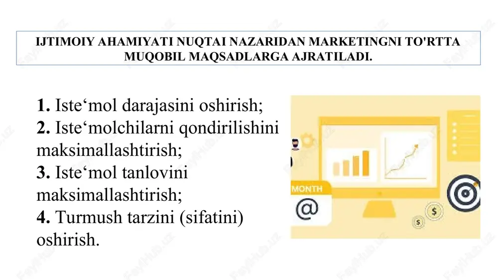 atsiya) o'rnatish bilan tovar yetkazib berishni rag'batlantirish mumkinligi aniqlanadi. bu yerda marketingning vazifasi - pasayib borayotgan talabning oldini olish uchun, tovarni taklif qilishga ijodiy yondashish lozimligini unutmaslikdir. 4. pasayayotgan talab. ertami-kechmi, har qanday korxonaning bir yoki bir necha tovariga bo'lgan talabning pasayishiga duch keladi. 5. doimiy bo'lgan talab. ko'pchilik korxonalarda tovar yetkazib berish mavsumiy, kundalik va hattoki soatbay tebranishga ega. bu korxonalarning asosiy fondlarini kam yoki ko’p yo’qlash muammosini tug'diradi. masalan, jamoa transportining asosiy qismida «tig'iz vaqtda» yo'lovchilar haddan ziyod ko'p bo'ladi. bu vaziyatda marketingning vazifasi - o'zgaruvchan (egiluvchan) narxlar yordamida, rag'batlantirish va boshqa ta‘sir qilish usullari orqali talabning vaqt bo'yicha tebranishini tekislash yo'llarini izlashi lozim. 6. to'laqonli talab. bu talab to'g'risida tadbirkorlar o'z savdo tushumlaridan, foydalaridan to'liq qoniqish olgan holdagina gapiradilar. marketing vazifasi iste‘molchilarning tovarni ustun ko'rishi va raqobatning kuchayishiga qaramasdan talabning mavjud darajasini ushlab qolishga harakat qilish lozim. bu sharoitida tovar sifatini yanada oshirish, unga xizmat ko'rsatishni yaxshilash, …