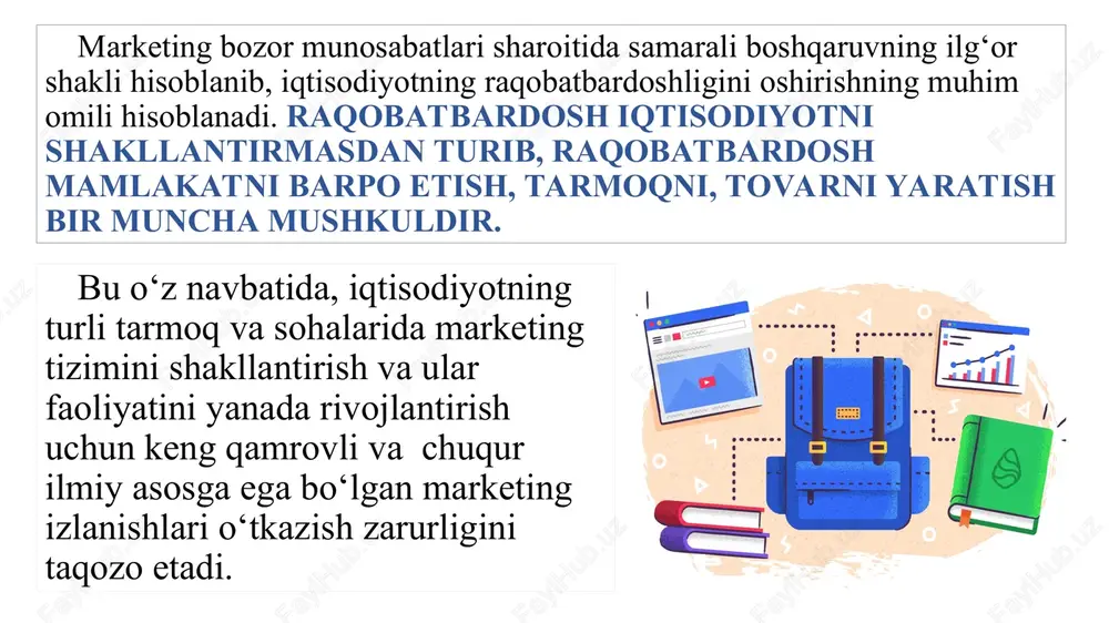 bunga sanoatning so'nggi tendentsiyalari bilan yangilanib turish va tegishli texnologiyalar va amaliyotlarni o'quv dasturiga kiritish kiradi. shunday qilib, muassasalar o'z bitiruvchilarining mehnat bozori talablarini qondirish uchun yaxshi tayyor bo'lishlarini ta'minlashi mumkin. * * b.a.solovyev, a.a.meshkov, b.v.musatovlarning tadqiqotlariga ko‘ra, marketing nuqtai nazaridan, ta’lim xizmatlari doirasi juda keng bo‘lib, ta’lim xizmatlarini ko‘rsatishda quyidagi jihatlarga e’tibor berish lozim: ta’lim xizmatlarining sifati ta’lim muassasaga qabul qilingan bolalarning individual aqliy qobiliyatlari, ishtiyoqlari, o‘quvlarning mazmuni, uslubi, o‘qituvchining tayyorgarlik darajasiga, va, hattoki, dars jadvali va yil mavsumiga bog‘liq holda barqarorsizligiga ham bog‘liqligi bilan ajralib turadi; o‘quvchi o‘tkazib yuborgan mashg‘ulotni uning uchun alohida to‘laligicha qaytarish imkoni yo‘qligi, ya’ni ta’lim xizmatlari o‘z vaqtida darsga kelmagan yoki uni o‘tkazib yuborganlar evaziga joyida turmaydi. shuningdek, bilimlar unutilishi, eskirishi hamda yo‘qotilishi mumkin, bu esa uni doimo yangilashni nazarda tutadi, deya marketingning o‘ziga xos xususiyatlarini izohlaydi; ta’lim xizmatlari natijasiga bevosita ta’lim beruvchining uslub va uslubiyatlari, o‘quvchilarni jalb eta olish qobiliyati, o‘quvchilar bilan o‘rtasida …