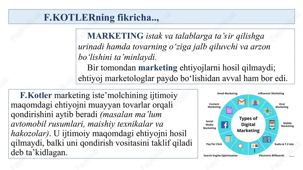 inflatsiya: ishsizlik darajasi: ta'lim va malaka: sog'liqni saqlash va ijtimoiy himoya tizimi: iqtisodiy o'sish va barqarorlik: texnologiya va innovatsiyalar: atrof-muhit sharoitlari: ijtimoiy va madaniy faktorlar. marketingda iste'molchilar farovonligining psixologik diterminantlari emotsional qoniqish: iste'molchilar mahsulot yoki xizmatdan faqat amaliy jihatdan foydalanishdan tashqari, emotsional jihatdan ham qoniqishni izlaydilar. o'z-o'zini tasdiqlash: iste'molchilar o'z kimligini va ijtimoiy mavqeyini tasdiqlashga intilishadi. qaror qabul qilishdagi ishonch: marketingda iste'molchilarni mahsulot foydaliligiga ishonch hosil qilishga yordam beradigan kafolatlar taqdim etilishi kerak. kutilgan mukofotlar: iste'molchilar o'zlarining xaridlari orqali kutilgan mukofotlarga ega bo'lishni istaydilar. ijtimoiy ta'sir: iste'molchilar ko'pincha do'stlarining, oilasining yoki ijtimoiy tarmoqlardagi fikrlarning ta'siriga asoslanib xarid qilishadi. fikrlar va xotiralar: iste'molchilarning avvalgi tajribalari, xotiralari va mahsulotlar haqidagi fikrlari ularning qarorlarini qabul qilishda muhim rol o'ynaydi. motivatsiya va ehtiyojlar: iste'molchilar mahsulotlar va xizmatlarni sotib olishda o'z ehtiyojlarini qondirishga intilishadi. kognitiv dissonans va konsistensiya: iste'molchilar qaror qabul qilishda o'zlarini qarorlariga ishonch hosil qilishni xohlaydilar. kognitiv dissonans (ichki qarama-qarshilik)ni kamaytirish uchun ular …