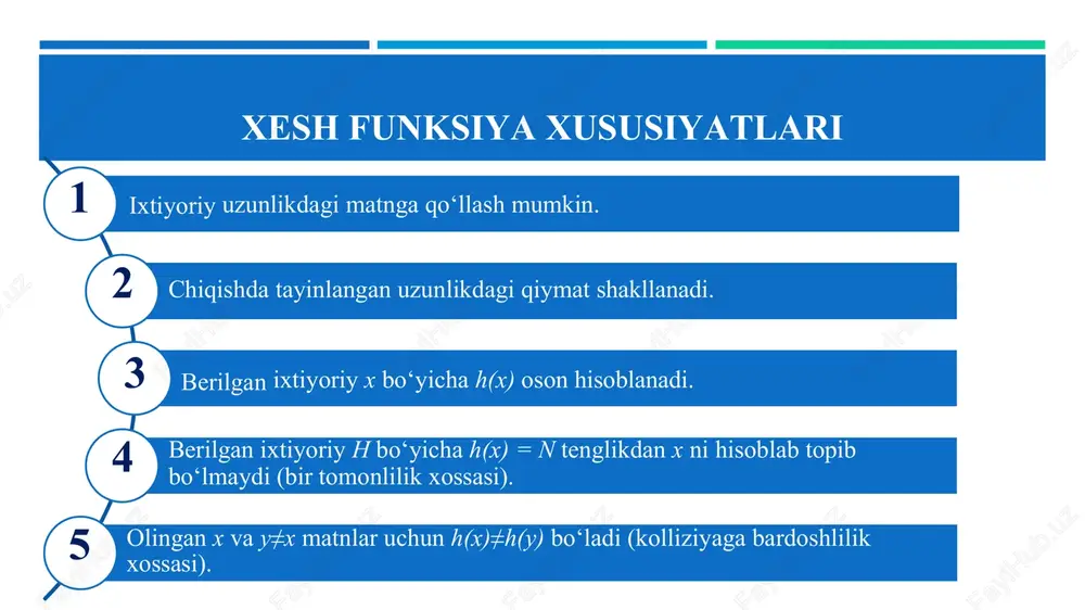 arning xesh qiymati h foydalanuvchining shaxsiy kaliti bilan “shifrlanadi” (bu haqiqiy shifrlash emas, shunchaki shaxsiy kalit bilan h ustida biror amal bajarishdan iborat) va imzo s=[h]a hosil qilinadi. hosil qilingan imzo ma’lumotga biriktirilib {m, s} qabul qiluvchiga uzatiladi. erlni tekshirish jarayoni. faraz qilaylik, b tomondan m' xabarga qo‘yilgan imzo s ni tekshirish talab etilsin. buning uchun b tomon dastlab xabar m' ni xesh qiymatini hisoblaydi: h'=h(m'). a tomonning ochiq kaliti bilan s ni “rasshifrovkalaydi” (bu haqiqiy rasshifrovkalash emas, shunchaki ochiq kalit bilan s ustida biror amal bajarishdan iborat) va h ni hosil qiladi. agar ikkala xesh qiymatlar (h va h') o‘zaro teng bo‘lsa, eri to‘g‘ri deb topiladi (demak xabar yaxlit). ochiq kalitlar infrastrukturasi (public key infrastructure, pki). ochiq kalitli kriptografiya bilan bog‘liq bo‘lgan muammolardan yana biri - ochiq kalitning kimga tegishli ekanligini aniqlash. faraz qilaylik, a tomon biror maxfiy xabar m ni b tomonga yubormoqchi. buning uchun a tomon b …