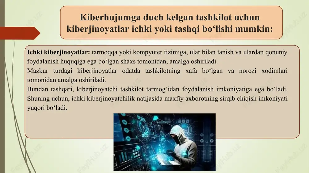 at aylanishi to‘g‘risida” , “elektron to‘lovlar to‘g‘risida” , “tijorat siri to‘g‘risida”, “bank siri to‘g‘risida” kabi o‘zbekiston respublikasining qonunlarida axborot maxfiyligi, axborot siri, axborot himoyasi bo‘yicha tegishli moddalar belgilab o‘tilgan. elektron manba: http://lex.uz kiberxavfsizlik to‘g‘risida” qonuni qonunning birinchi bobida umumiy qoidalar berilgan. unda axborotlashtirish obyekti, kiberjinoyatchilik , kibermakon , kibertahdid , kiberxavfsizlik , kiberxavfsizlik hodisasi , kiberxavfsizlik obyekti va subyekti, kiberhimoya, kiberhujum, muhim axborot infratuzilmasi obyektlari va subyektlari atamalariga tushunchalar berilgan. ikkinchi bobda kiberxavfsizlik sohasini davlat tomonidan tartibga solish bo‘yicha aniq ko‘rsatmalar va tushunchalar yoritilgan. qonun yozilgan 10-moddaga ko‘ra kiberxavfsizlik sohasidagi yagona davlat siyosatini o‘zbekiston respublikasi prezidenti belgilaydi. 11- moddada kiberxavfsizlik sohasidagi vakolatli davlat organi vazifazi, huquqlari, majburiyatlari belgilab qo‘yilgan. navbatdagi bobda “davlat organlari va tashkilotlarining kiberxavfsizlikni ta’minlash borasidagi huquq va majburiyatlari” , “ma’lumotlarning zaxira nusxalarini ko‘chirish” haqida so‘z yuritilgan. keyingi boblarda “kiberxavfsizlikni ta’minlash”, “kiberxavfsizlik hodisalari”, “muhim axborot infratuzilmasi obyektlari”, “kiberxavfsizlik sohasini qo‘llab-quvvatlash va rivojlantirish” va “yakunlovchi qoidalar” bo‘yicha aniq me’zonlar …