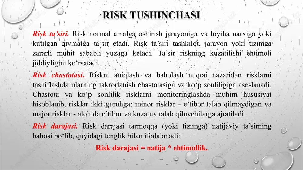 igan xavfsizlik dasturidan foydalangan holda xavfni maqbul darajada oldini oladi risklarni boshqarish jarayoni quyidagi asosiy to‘rtta bosqichga risklarni aniqlash risklarni baholash risklarni bartaraf etish risk monitoringi va qayta ko‘rib chiqish risklar 4 ta muhim sohalarda vujudga keladi: muhit. muhitga aloqador bo‘lgan risklar o‘zida ish joyidagi kamchiliklar, turli halaqitlar, issiq/ sovuq muhit, tutun, past yoritilganlik va elektr xavflari kabilarni birlashtiradi jihoz jihozga aloqador risklar sifatida jihozlarning past ta’mirlanishi muhitini, ishlamasligini, mavjud bo‘lmasligini va vazifaga nomutanosibligin i keltirish mumkin mijoz mijozlar bilan bog‘liq risklar odatda muhim o‘zgarishlar, kutilmagan ko‘chishlar va zaif aloqa natijasida yuzaga keladi vazifalar vazifalarga aloqador bo‘lgan risklarga yetarli bo‘lmagan bajarish vaqti, takroriy vazifalar, ishni loyihalash va xodimlar sonini yetarli bo‘lmasiligi orqali paydo bo‘luvchi risklar misol bo‘la oladi riskni boshqarish: riskni aniqlash tashkilot xavfsizligiga ta’sir qiluvchi tashqi va ichki risklarning manbasi, sababi, oqibatlari va xokazolarni aniqlash. muhitni o’rnatish xodimlar tashqi va ichki muhitni aniqlaydi hamda tashkilotda amalga oshirilgan joriy muhitni …