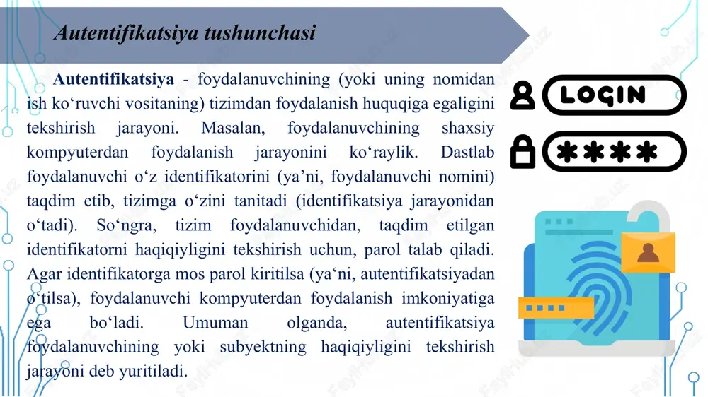 rqali uzatish talablariga rioya qilish ko‘zda tutiladi parolli himoyalash xavfsizligi siyosati parol tarkibida ko‘p uchray digan ismlar, so‘zlar, qisqartirishlar, kunlar, telefon nomerlari bo‘lmasligi, autentifíkator bilan bir xil bo‘lmasligi va h. lozim; parol tarkibida bosh harflar, raqamlar, tinish belgilari va maxsus simvollar (- @#;%a&*) bo‘lishi lozim; paroldagi simvollar soni 8 dan kam bo‘lmasligi va parolni 90 kundan so‘ng almashtirish lozim; hisob yozuvidan foydalanishga cheklashlar (kun, sutka vaqti, ulanish manzili, ulanish soni bo‘yicha) o‘rnatilishi lozim; parolni muvaffaqiyatsiz kiritish va urinish sonini cheklash - 3 dan 5 gacha parol axborotini saqlash va tarmoq bo‘yicha uzatishning kriptohimoya rejimlari o‘rnatilishi lozim elektron qurilmalar identifikatsiya va autentifikatsiya vositalarining 2-turiga, tarkibida subyekt xususida qandaydir noyob axborot mavjud elektron qurilmalar taalluqli. bunday qurilmalar foydalanuvchilar bilan birga bo‘lishi lozim. smartkarta va smartkarta o ‘quvchi (acr39u) qurilma elektron qurilmalarni quyidagicha tasniflanadi: amalga oshirilishi bo‘yicha passiv (faqat xotirali) aktiv (mikroprosessorli) o‘qish qurilmalarining mavjudligi bo‘yicha alohida o‘qish qurilmasi (reader) kalit bilan integrallangan …