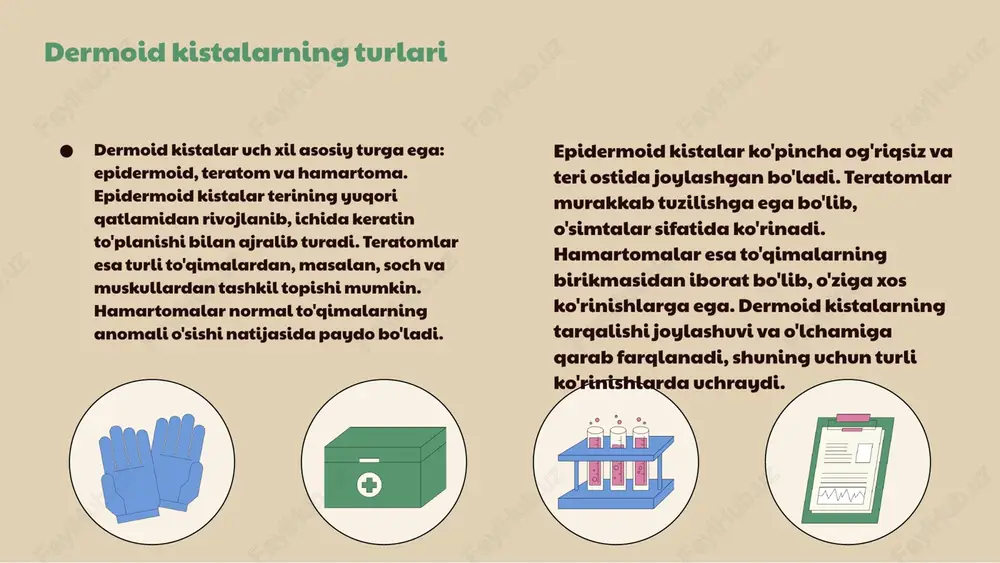 i, invaziv bo'lmasligi va tezligi bor. biroq, kamchiliklari sifatida, ba'zan kistalarning aniq tasvirini berolmasligi va boshqa tasvirlash usullariga nisbatan cheklangan ma'lumot berishi mumkin. shuning uchun, ko'pincha boshqa tasvirlash usullari bilan birgalikda qo'llanilishi tavsiya etiladi. kompyuter tomografiyasi (kt) kt yordamida aniqlash kompyuter tomografiyasi (kt) dermoid kistalarni aniqlashda yuqori aniqlik va tafsilotlarni taqdim etadi. kt yordamida kistalarning joylashuvi, o'lchami va tuzilishini aniq ko'rish mumkin, bu esa to'g'ri tashxis qo'yishga yordam beradi. kt, ultrasonografiya bilan solishtirganda, yanada aniqroq tasvirlar beradi. ktning ishlash prinsipi kt rentgen nurlaridan foydalanib, tananing kesmalarini olish orqali ishlaydi. ushbu nurlar turli to'qimalardan o'tish darajasiga qarab turlicha yutiladi, natijada aniq 3d tasvirlar hosil bo'ladi. bu usulning afzalligi, olingan tasvirlarning yuqori sifatidir. afzalliklari ktning asosiy afzalliklaridan biri tezlik va yuqori aniqlikdir. bu usul yordamida kistalarning aniqroq va tezroq aniqlanishi mumkin. shuningdek, kt usuli boshqa tasvirlash usullariga nisbatan kengaytirilgan ko'rinishlarni taqdim etadi. tashxis jarayoni kt yordamida dermoid kistalarni aniqlash jarayoni bemorning tayinlangan …