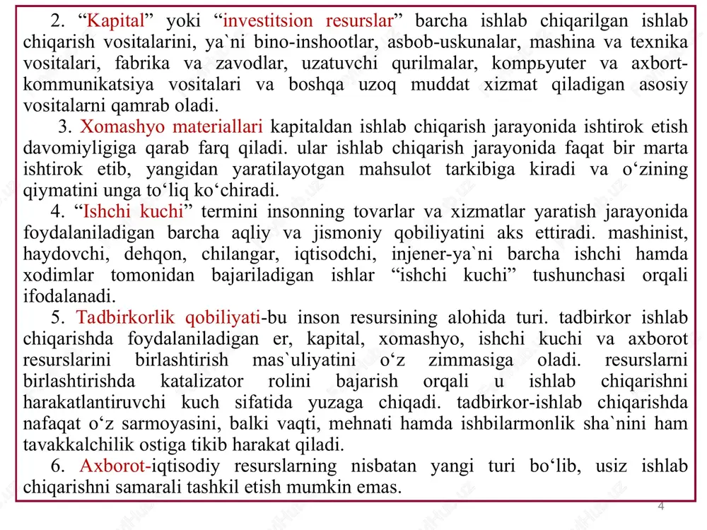 asi quyidagicha yoziladi: ishlab chiqarish funktsiyasi korxona ishlab chiqarish omillarining har bir kombinatsiyada biriktirishda maksimal darajada ishlab chiqarilishi mumkin bo‘lgan mahsulot miqdorini ifodalaydi. ishlab chiqarish funktsiyasi nuqtai-nazaridan “mahsulotni maksimal darajada ishlab chiqarish” iborasi muhim hisoblanadi. ishlab chiqarish funktsiyasi firmalarni kamchiqimlilik va yuqori samaradorlik sharoitida faoliyat ko‘rsatishini ifodalaydi. ishlab chiqarish har doim ham iqtisodiy samarali bo‘ladi deb atash noo‘rin, ammo maksimal foyda olishni ko‘zlovchi har qanday firma resurslarni behuda sarflamaydi va sarflanayotgan har bir resurs birligidan maksimal qaytim olishga intiladi. q = f (l, k, m, e, i) ishlab chiqarish mazmuni omillar yer kapital ishchi kuchi tadbirkorlik qobiliyati texnologiya resurslarni ishlab chiqarishga yoki iste`molga mo‘ljallangan ne`matlarga aylantirish jarayoni omillarni barqaror o‘zaro aloqadorligi shakli texnologiya omillarni biriktirish kombinatsiyasi ishlab chiqarish funktsiyasi * ishlab chiqarish funktsiyasi sarflanayotgan omillar kombinatsiyasi va ishlab chiqariladigan mahsulot hajmi o‘rtasidagi o‘zaro bog‘liqlik q = f (l, k, m, e, i) xususiyatlari ma`lum bir texnologiya darajasini ifodalaydi omillardan foydalanishni …